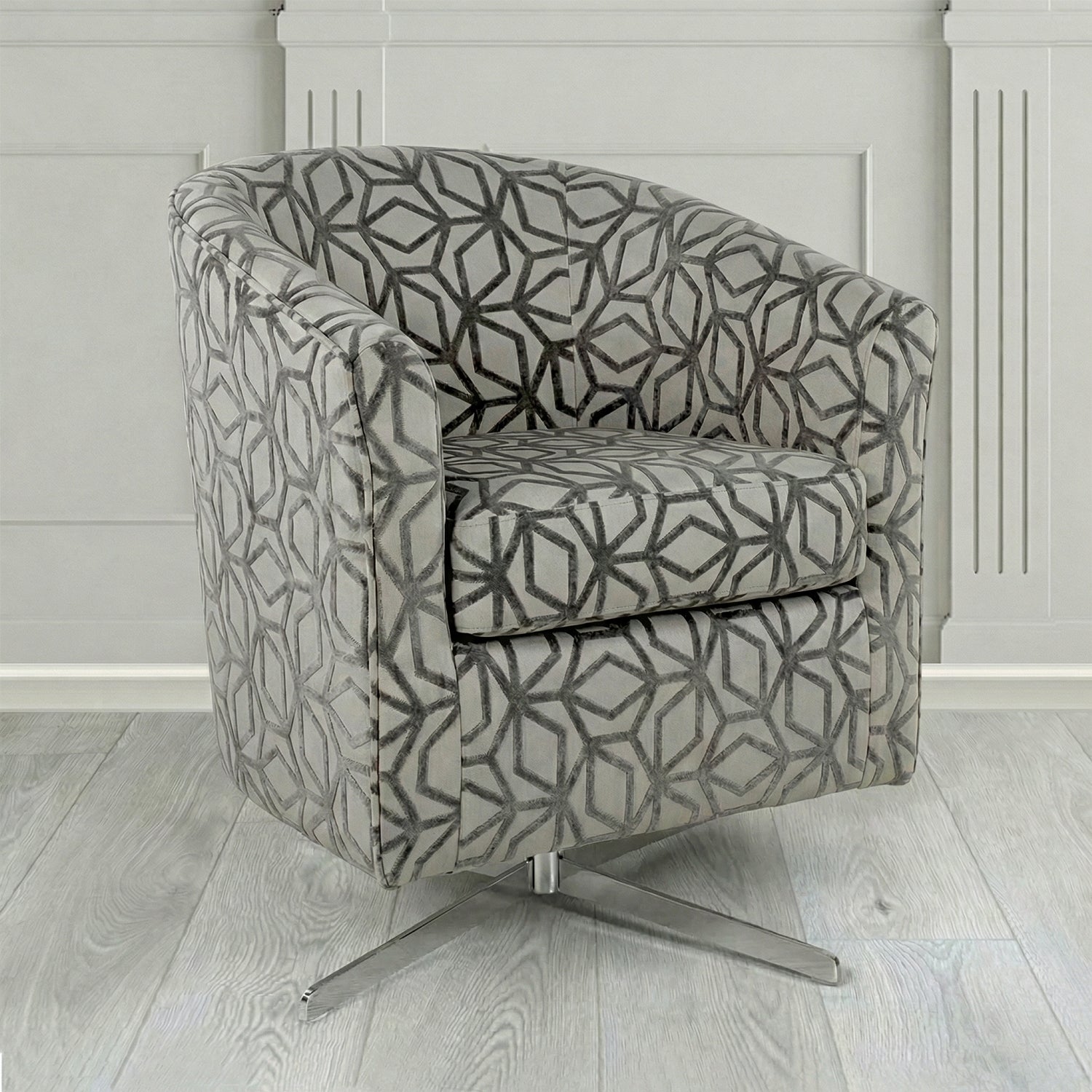 Cannes Swivel Tub Chair in Panaz Fabrics Lexington Corinthia Geometric Crib 5 Velvet Fabric