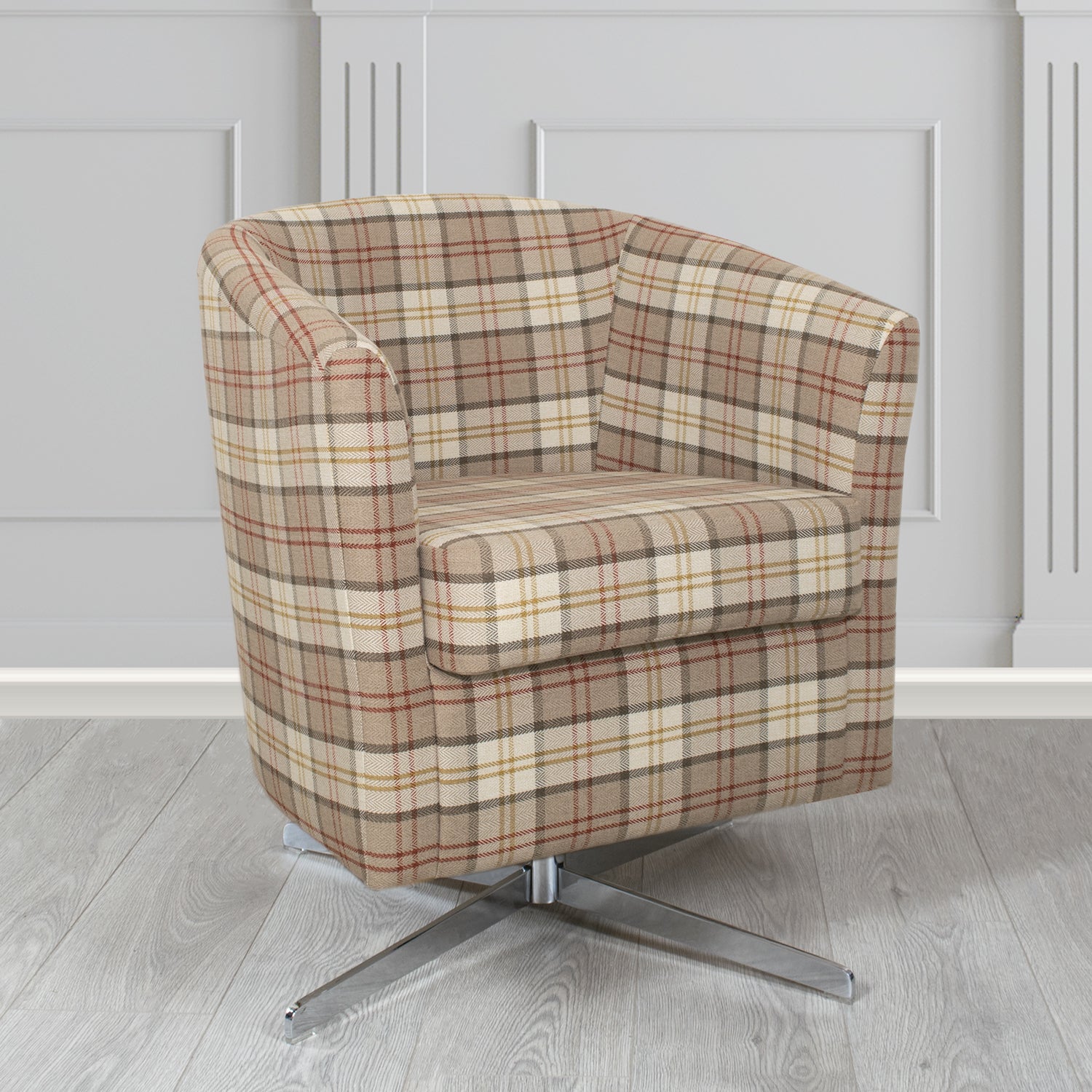 Cannes Swivel Tub Chair in Piazza Plaid Crib 5 Tartan Fabric