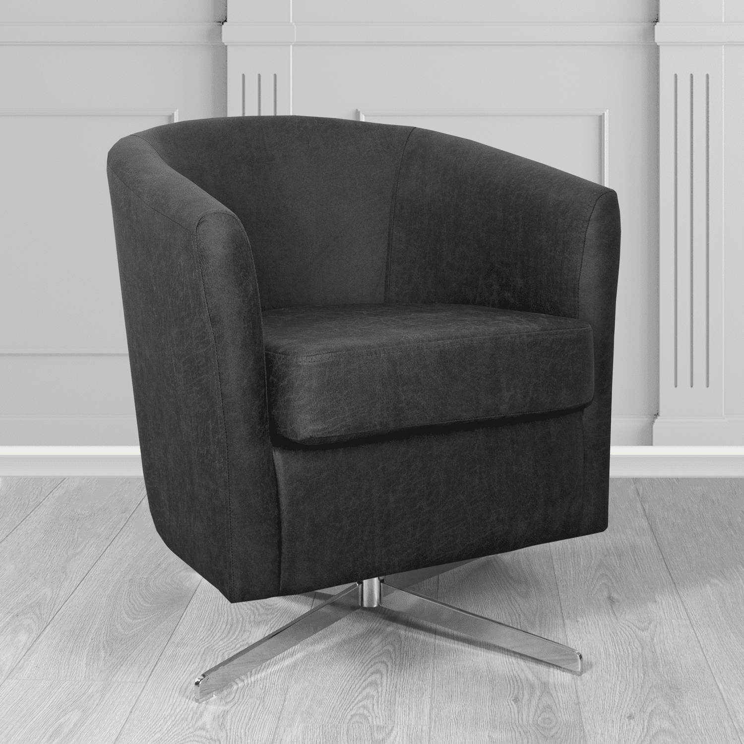 Cannes Swivel Tub Chair in Nevada Black Faux Leather - The Tub Chair Shop