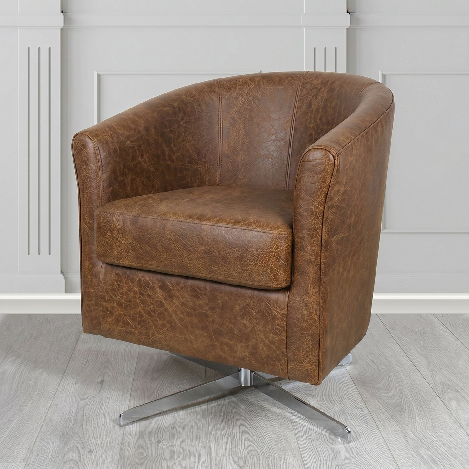Cannes Swivel Tub Chair in Crest Leather Saloon Semi-Aniline Crib 5 Genuine Leather