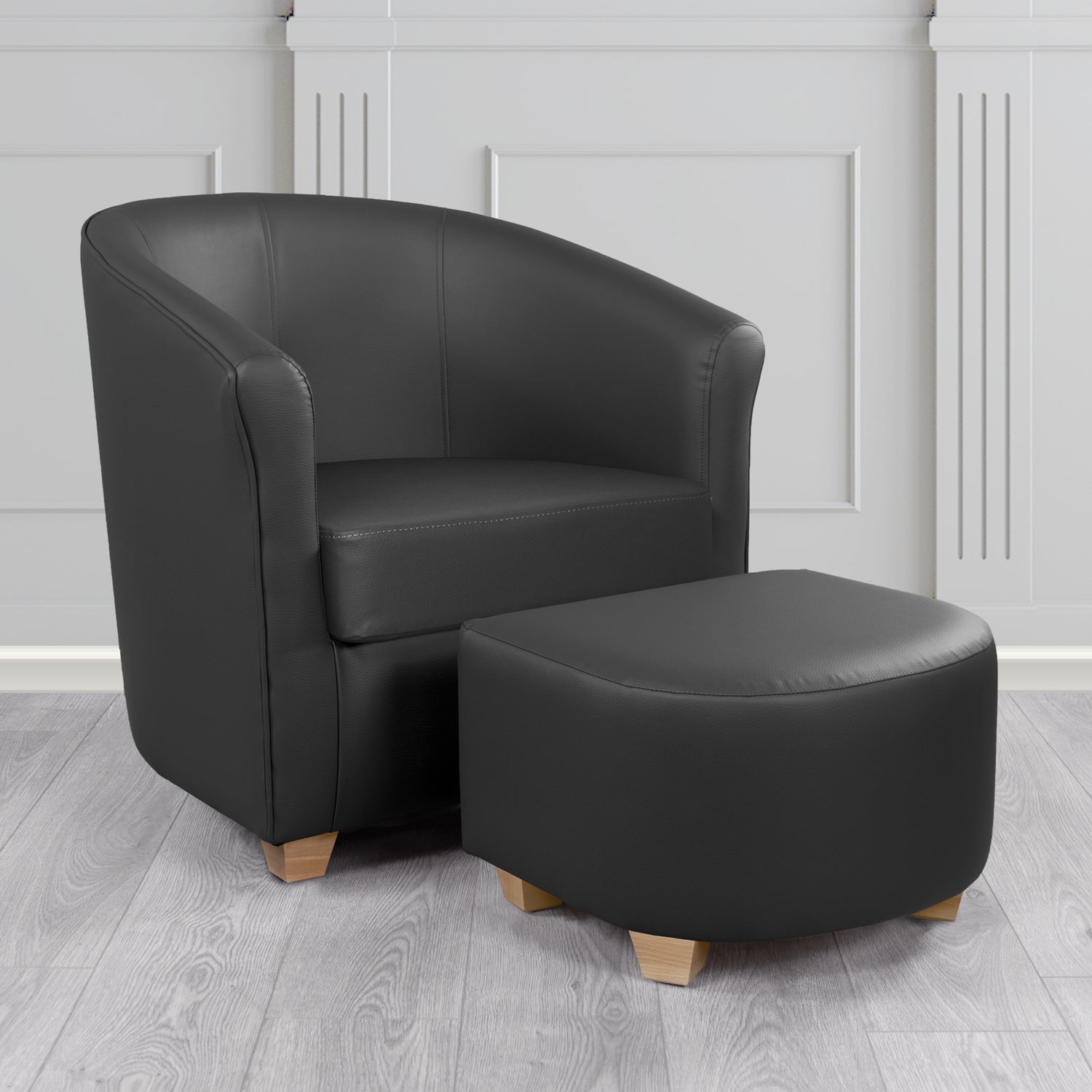 Cannes Tub Chair with Footstool Set in Madrid Black Faux Leather - The Tub Chair Shop