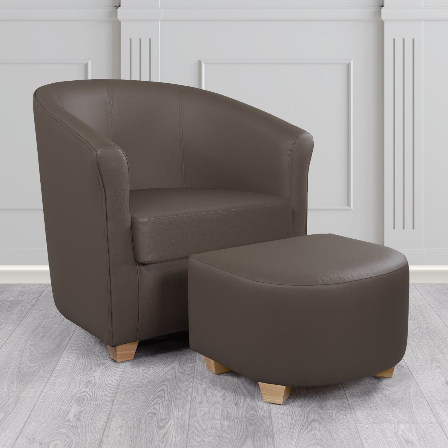 Cannes Tub Chair with Footstool Set in Madrid Chocolate Faux Leather - The Tub Chair Shop