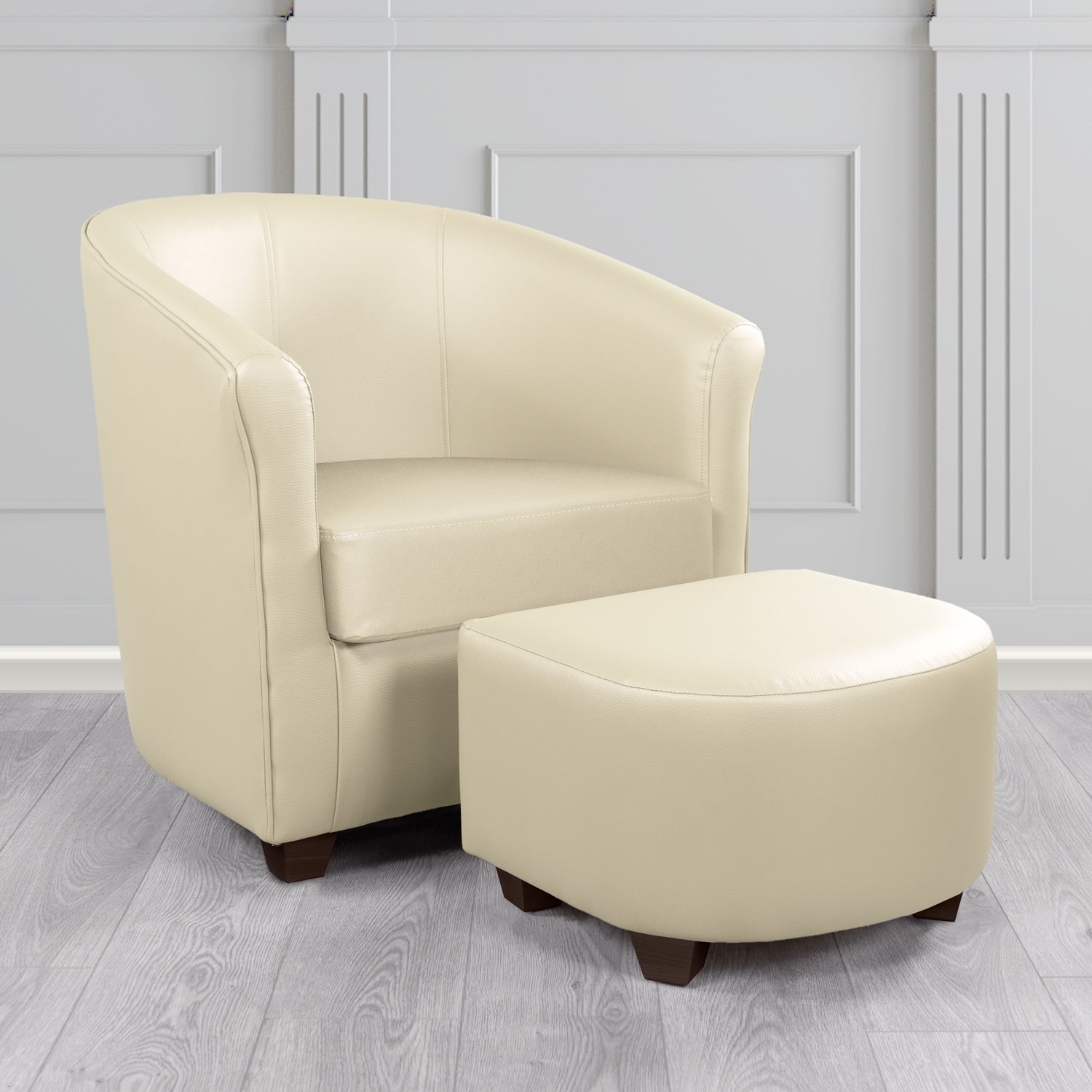 Cannes Tub Chair with Footstool Set in Madrid Cream Faux Leather - The Tub Chair Shop