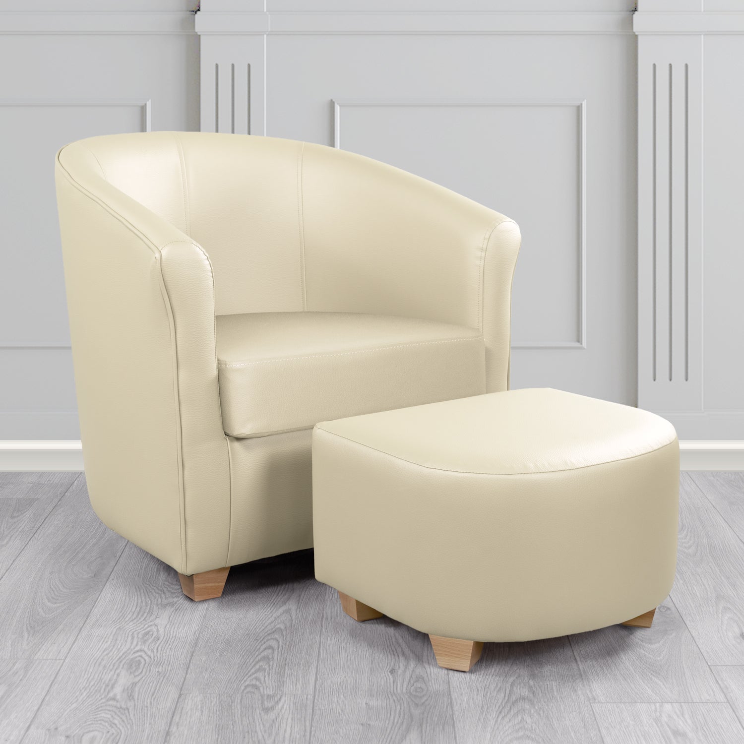 Cannes Tub Chair with Footstool Set in Madrid Cream Faux Leather - The Tub Chair Shop
