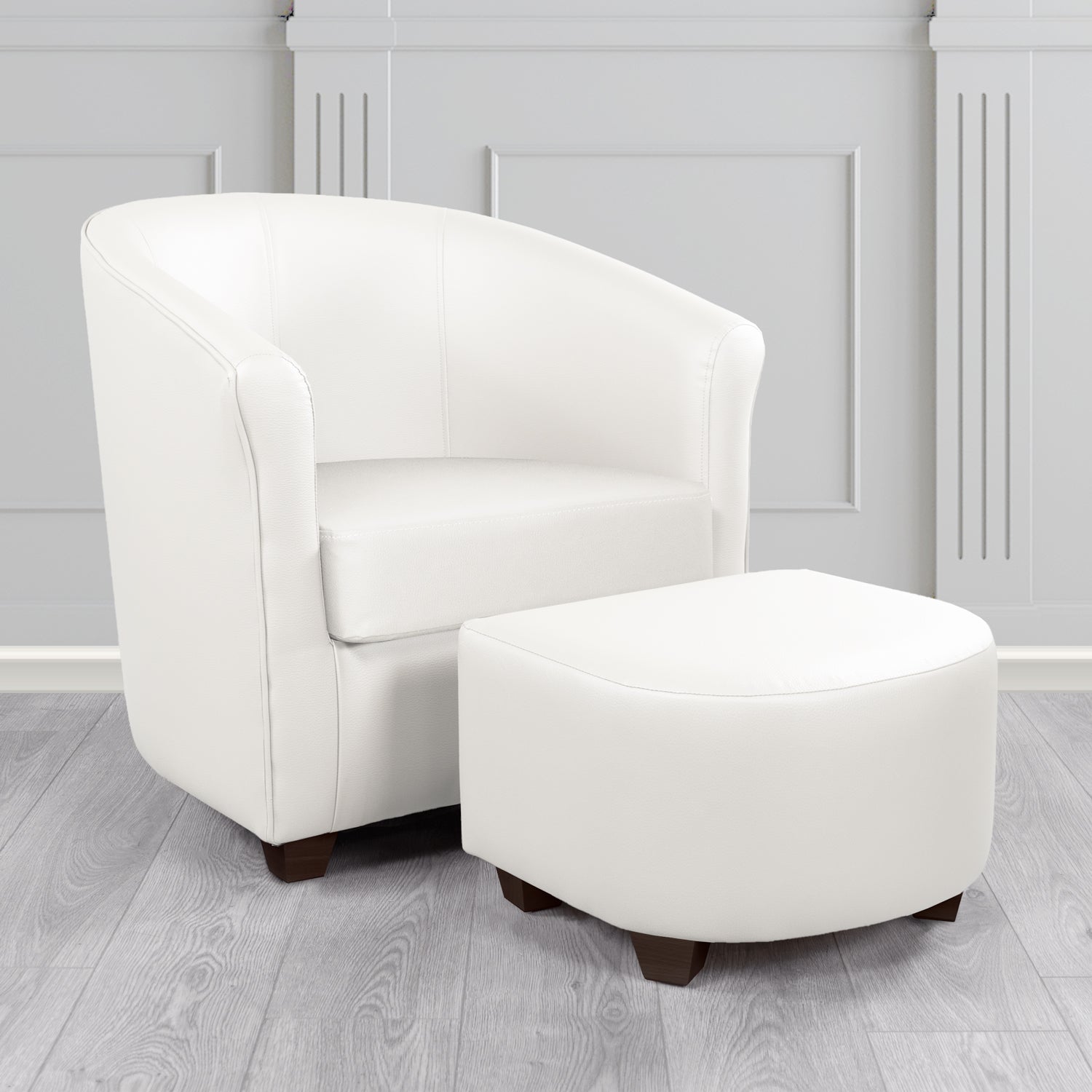 Cannes Tub Chair with Footstool Set in Madrid White Faux Leather - The Tub Chair Shop