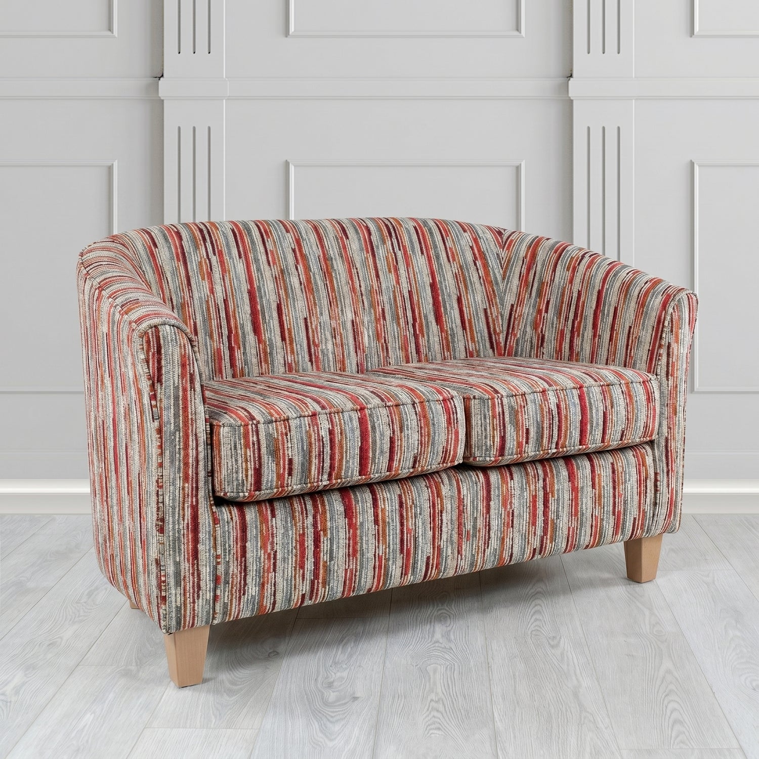Devon 2 Seater Tub Sofa in Cristina Marrone Extravaganza Stripe Fabric