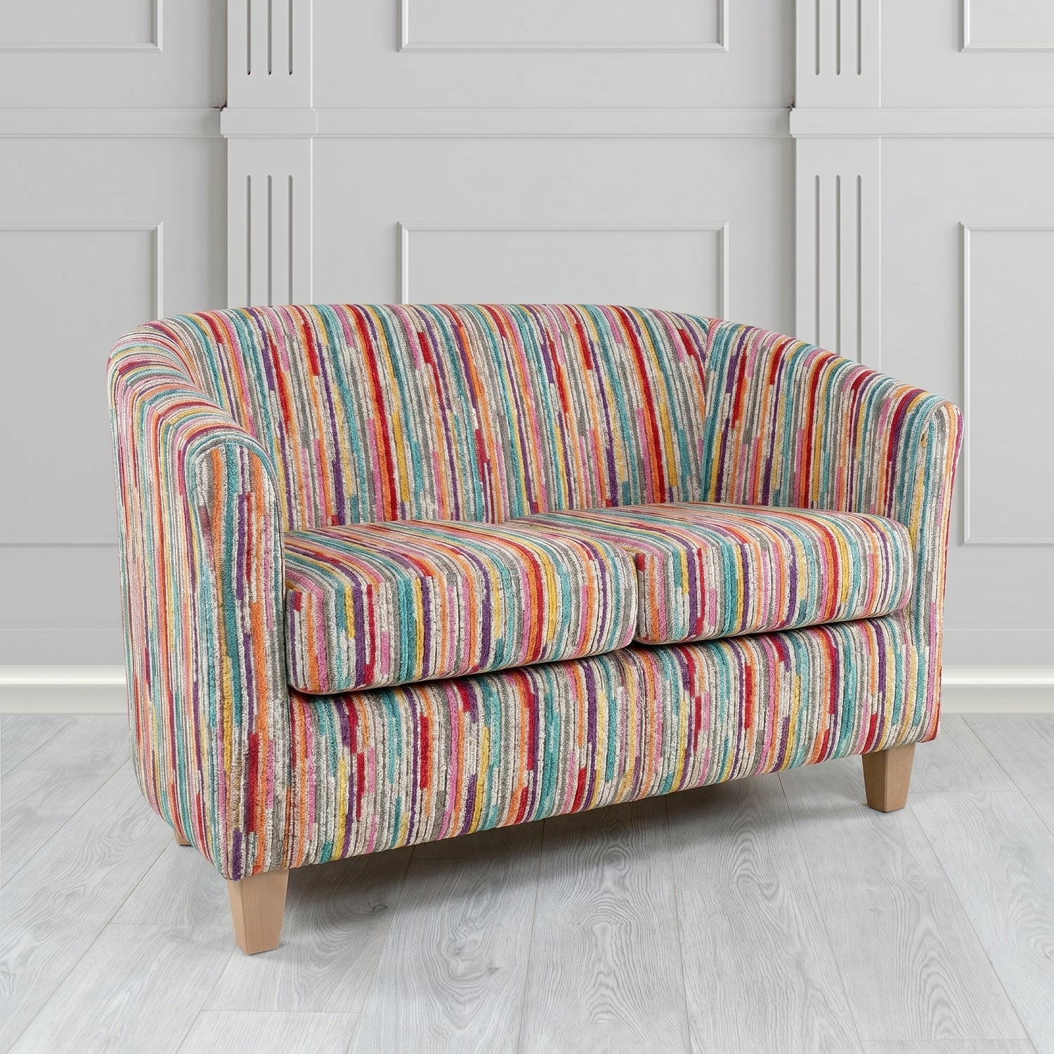 Devon 2 Seater Tub Sofa in Cristina Marrone Extravaganza Stripe Fabric