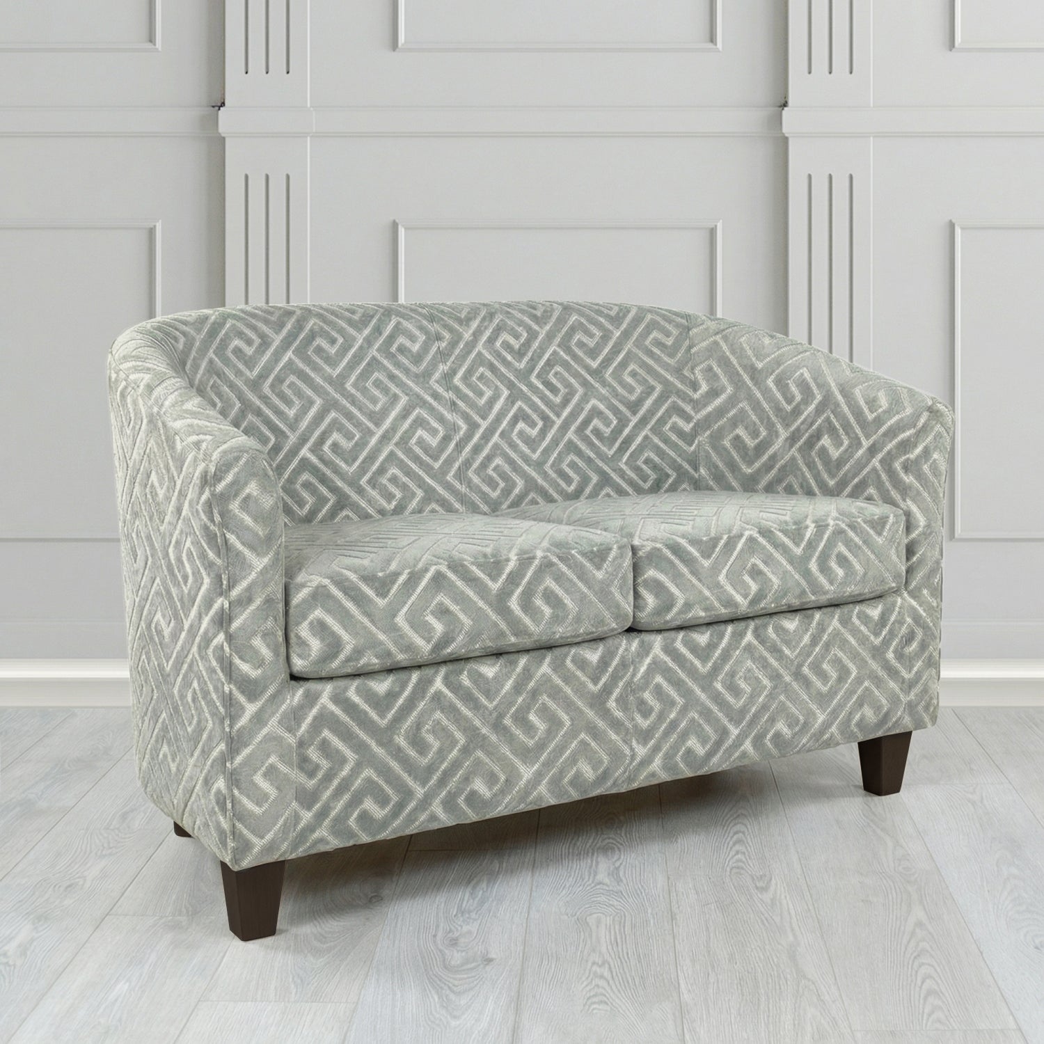 Devon 2 Seater Tub Sofa in Cristina Marrone Extravaganza Greek Key Geometric Fabric