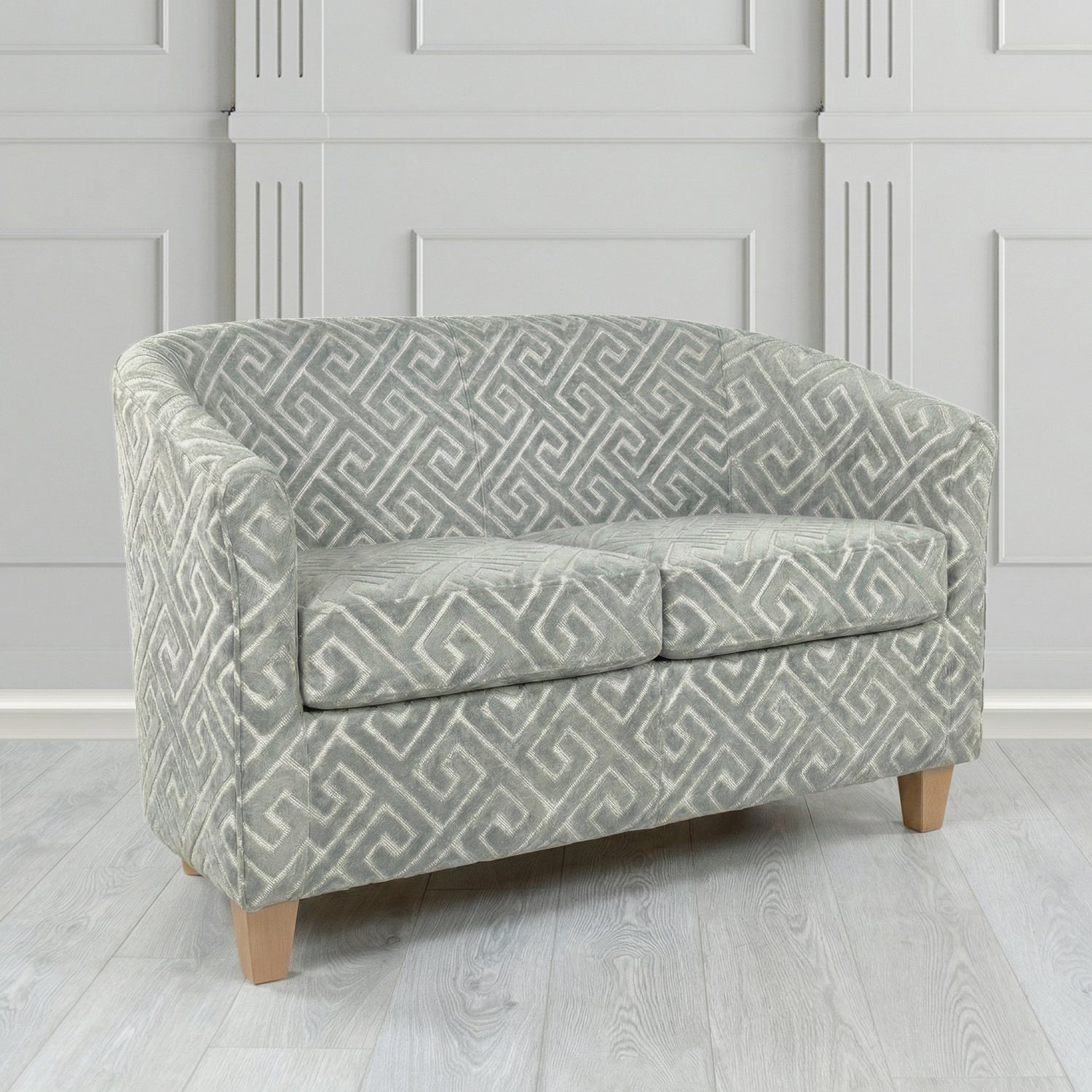 Devon 2 Seater Tub Sofa in Cristina Marrone Extravaganza Greek Key Geometric Fabric