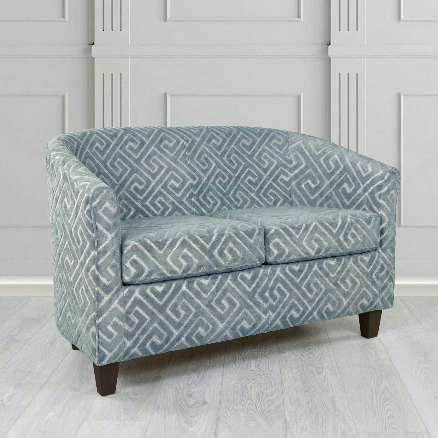 Devon 2 Seater Tub Sofa in Cristina Marrone Extravaganza Greek Key Geometric Fabric