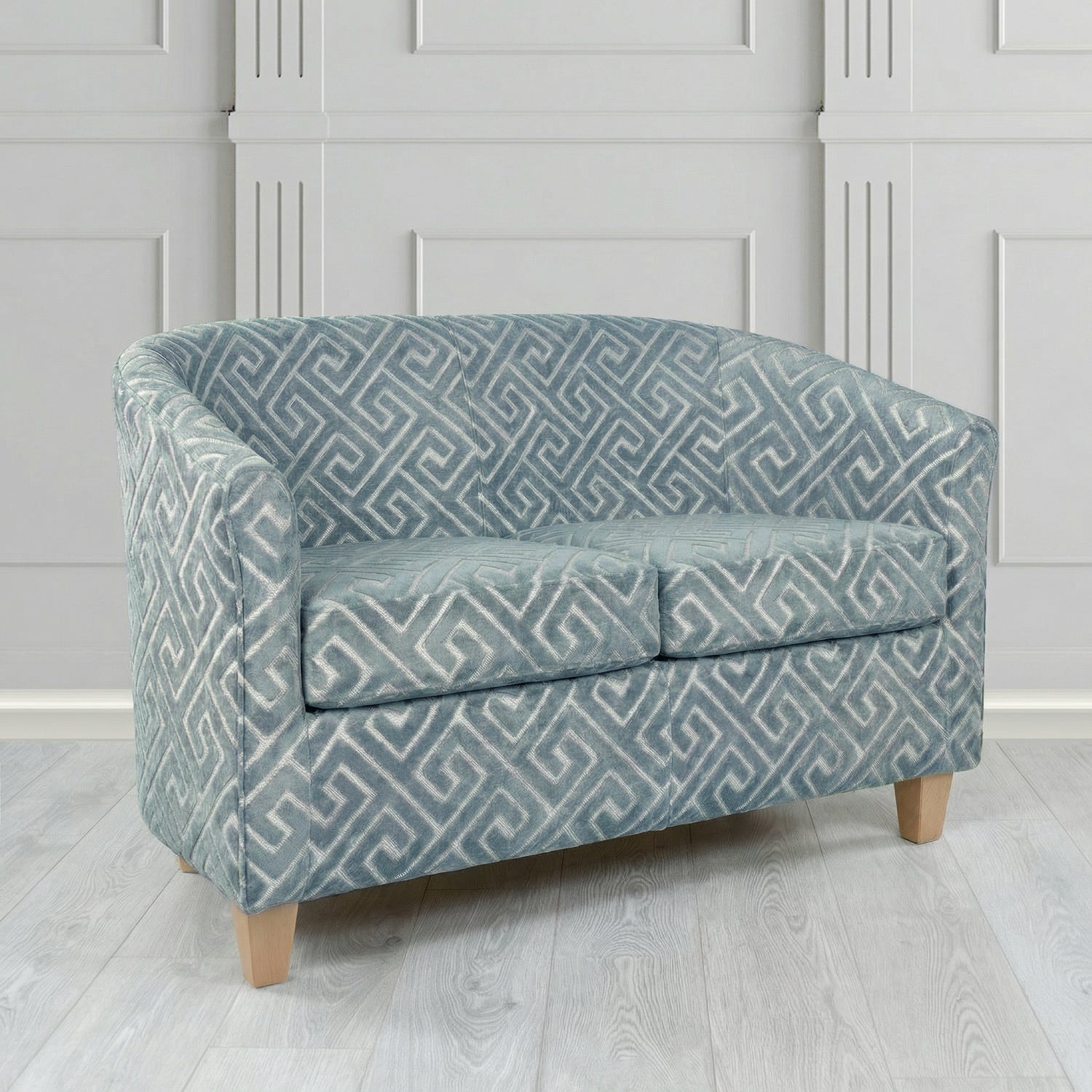 Devon 2 Seater Tub Sofa in Cristina Marrone Extravaganza Greek Key Geometric Fabric