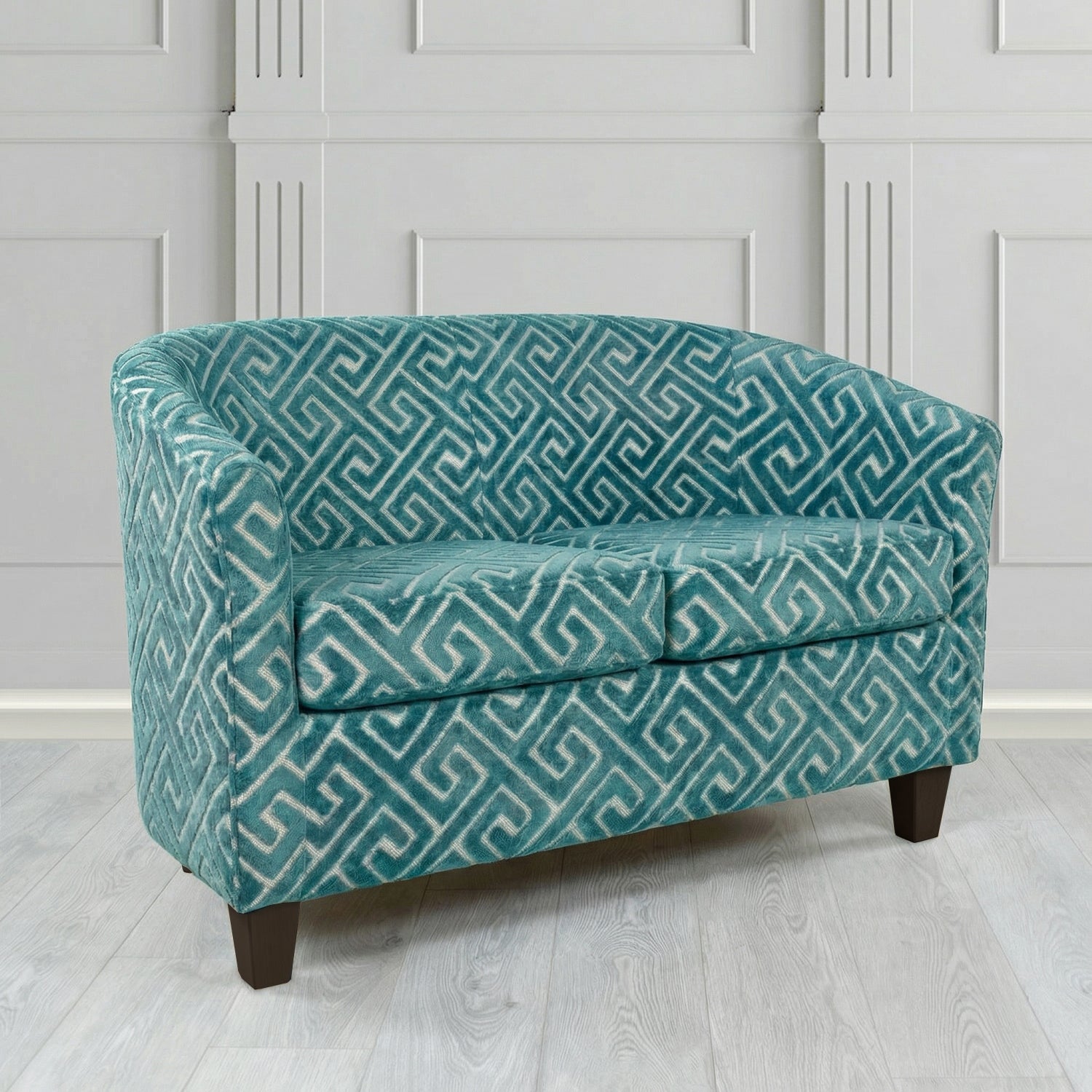 Devon 2 Seater Tub Sofa in Cristina Marrone Extravaganza Greek Key Geometric Fabric