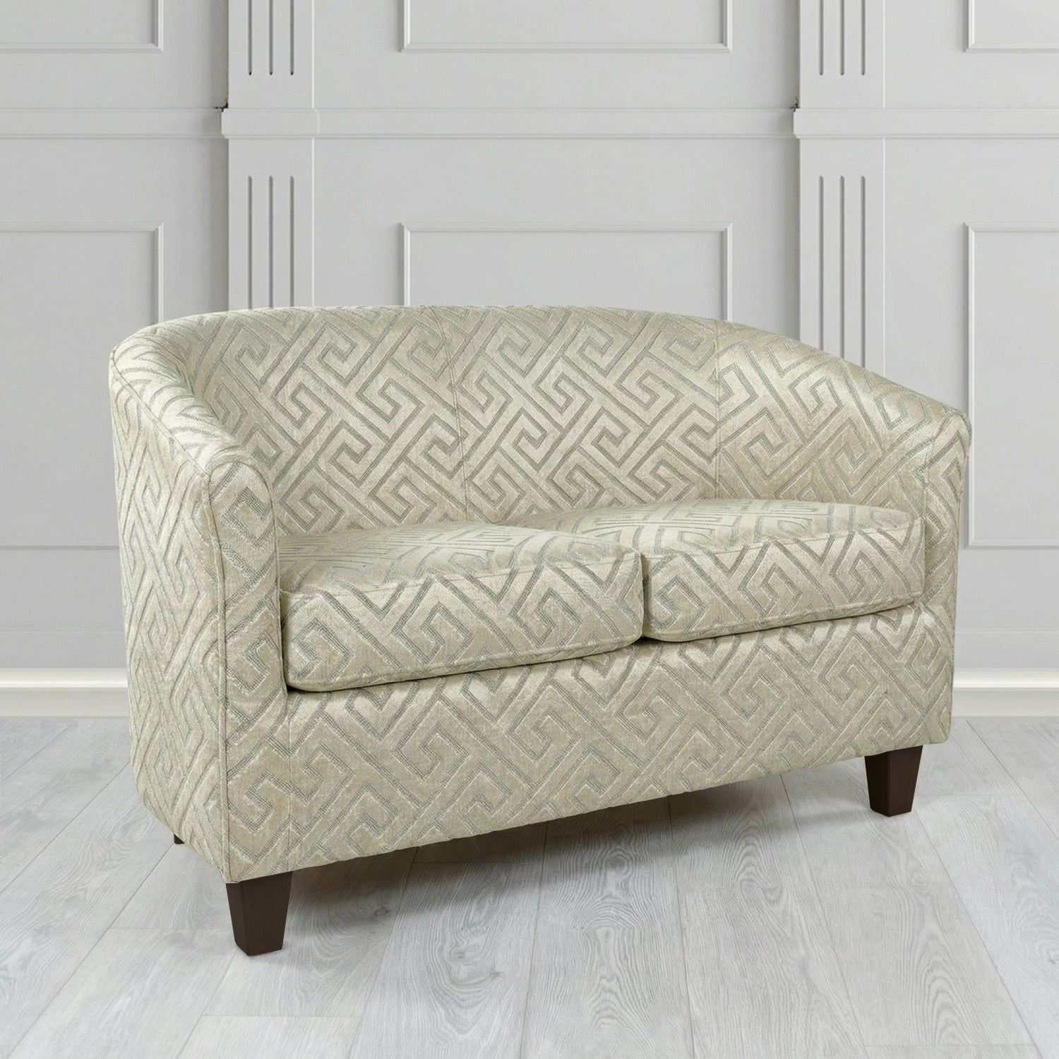 Devon 2 Seater Tub Sofa in Cristina Marrone Extravaganza Greek Key Geometric Fabric