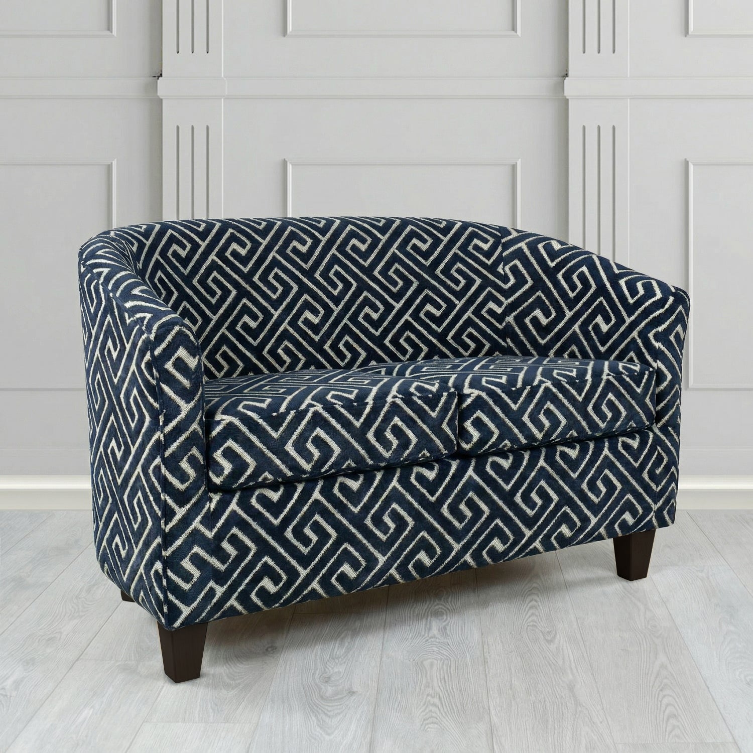 Devon 2 Seater Tub Sofa in Cristina Marrone Extravaganza Greek Key Geometric Fabric