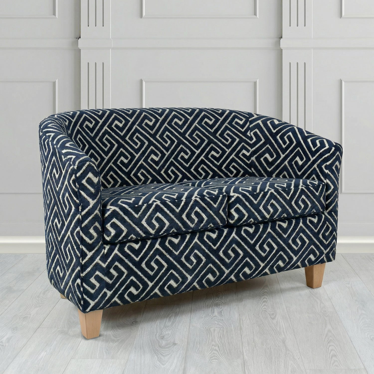 Devon 2 Seater Tub Sofa in Cristina Marrone Extravaganza Greek Key Geometric Fabric