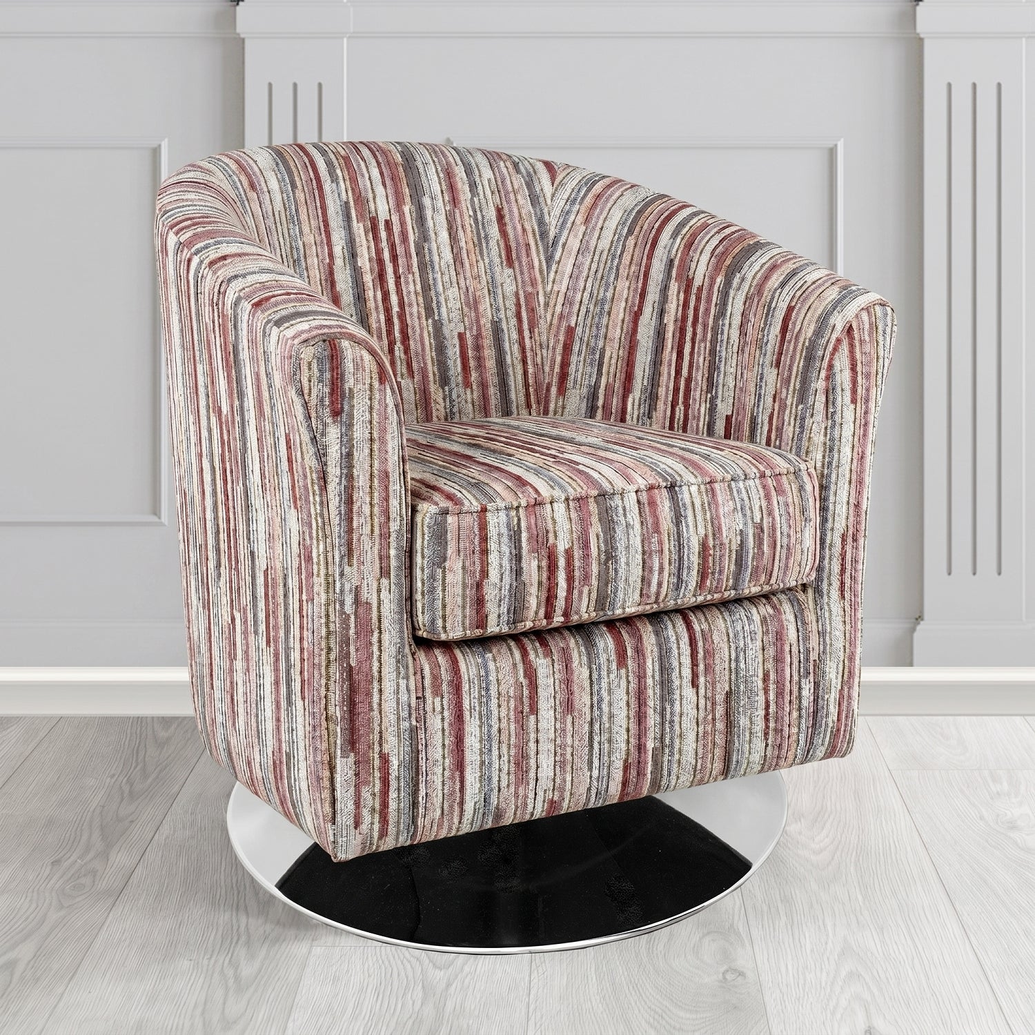 Devon Swivel Tub Chair in Cristina Marrone Extravaganza Stripe Fabric