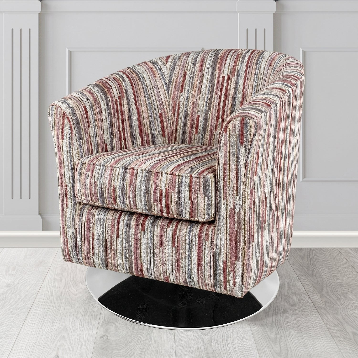 Devon Swivel Tub Chair in Cristina Marrone Extravaganza Stripe Fabric