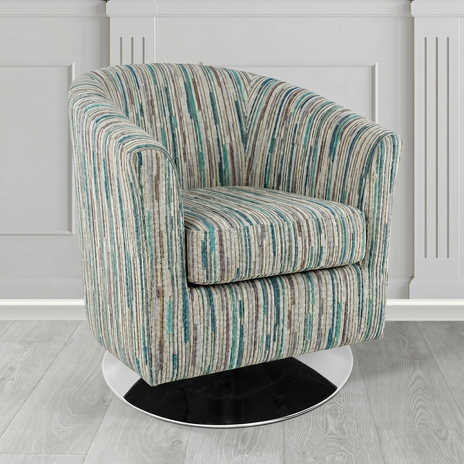 Devon Swivel Tub Chair in Cristina Marrone Extravaganza Stripe Fabric