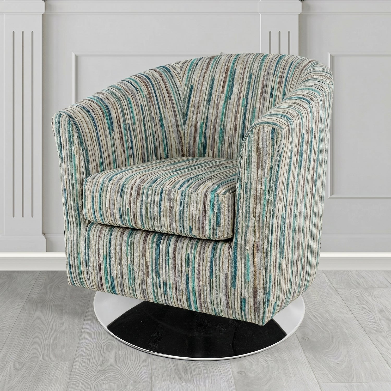Devon Swivel Tub Chair in Cristina Marrone Extravaganza Stripe Fabric