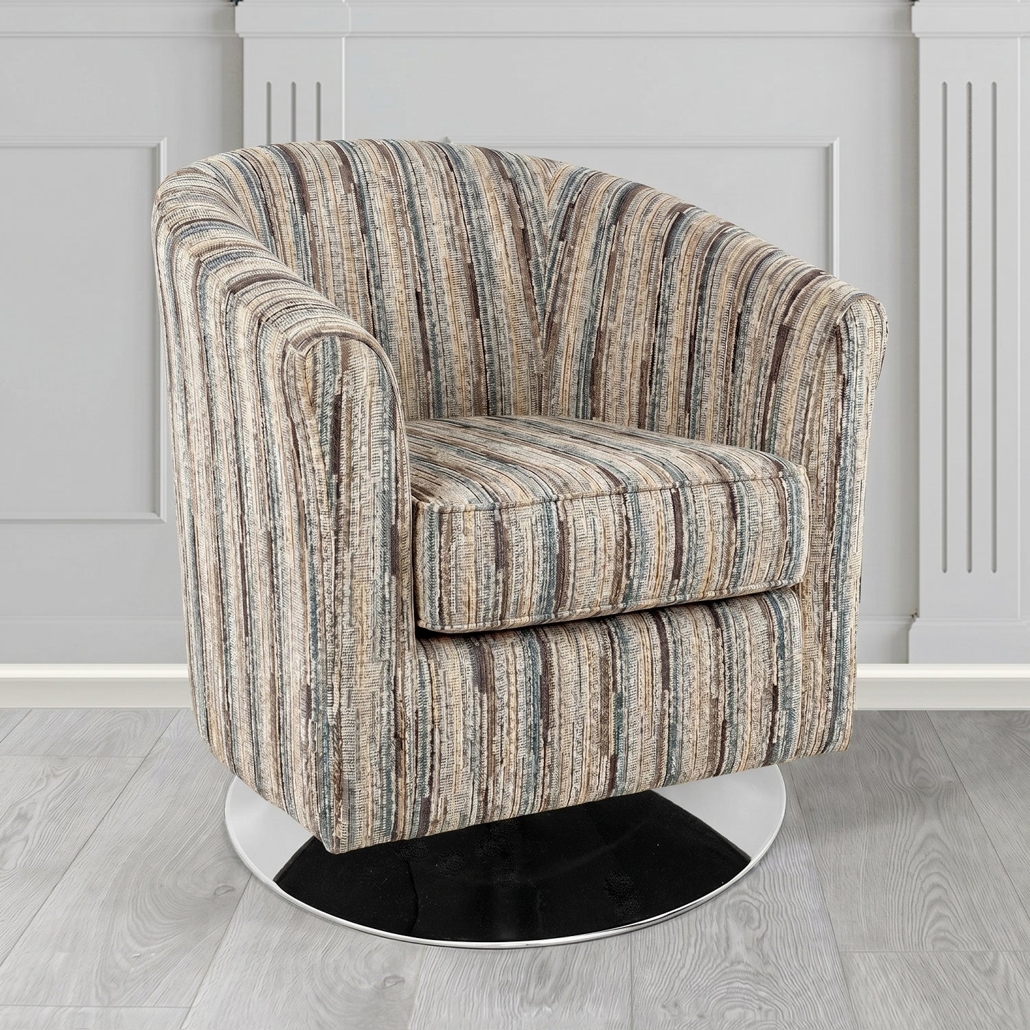 Devon Swivel Tub Chair in Cristina Marrone Extravaganza Stripe Fabric