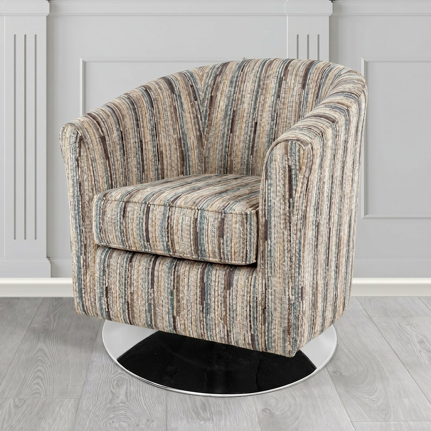 Devon Swivel Tub Chair in Cristina Marrone Extravaganza Stripe Fabric