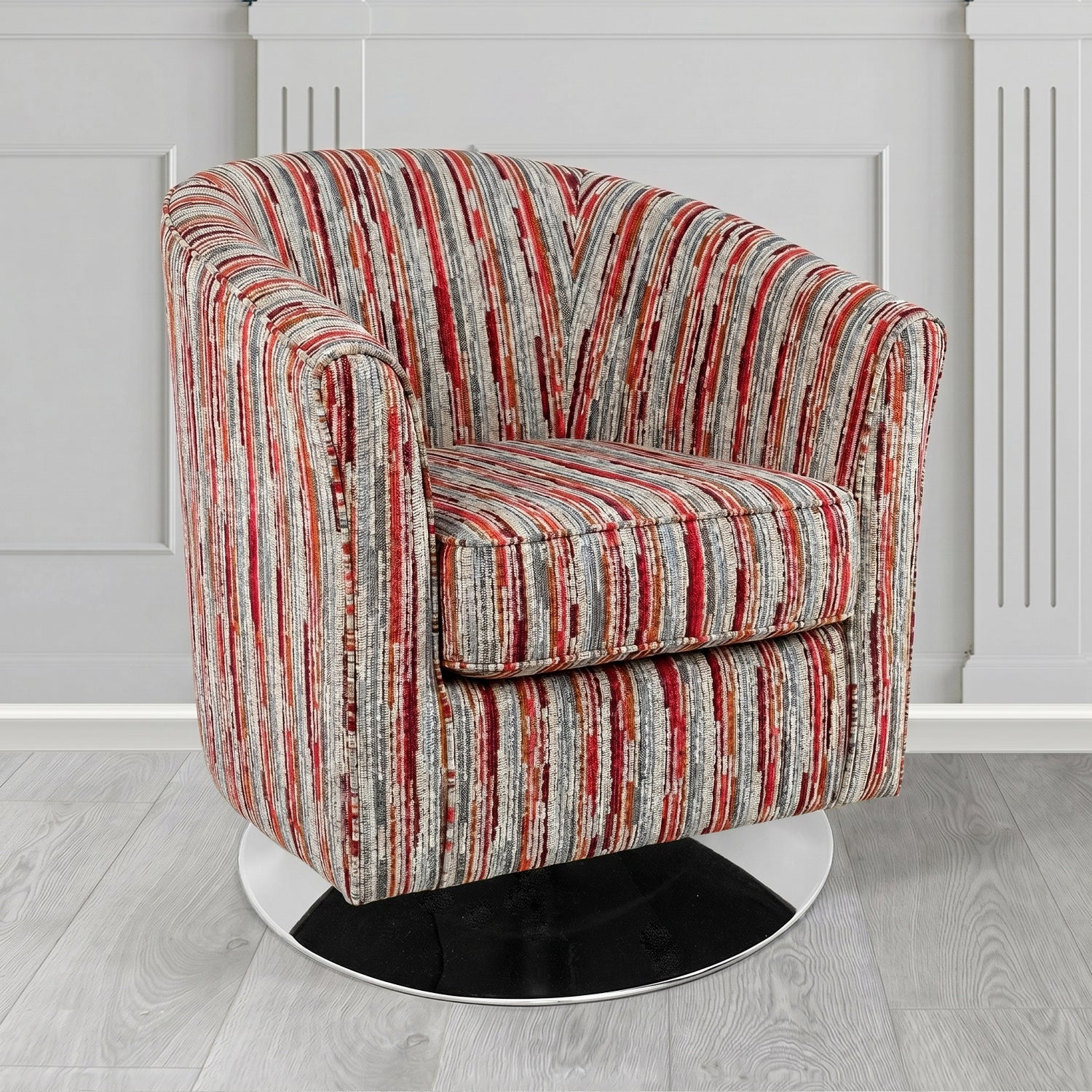 Devon Swivel Tub Chair in Cristina Marrone Extravaganza Stripe Fabric