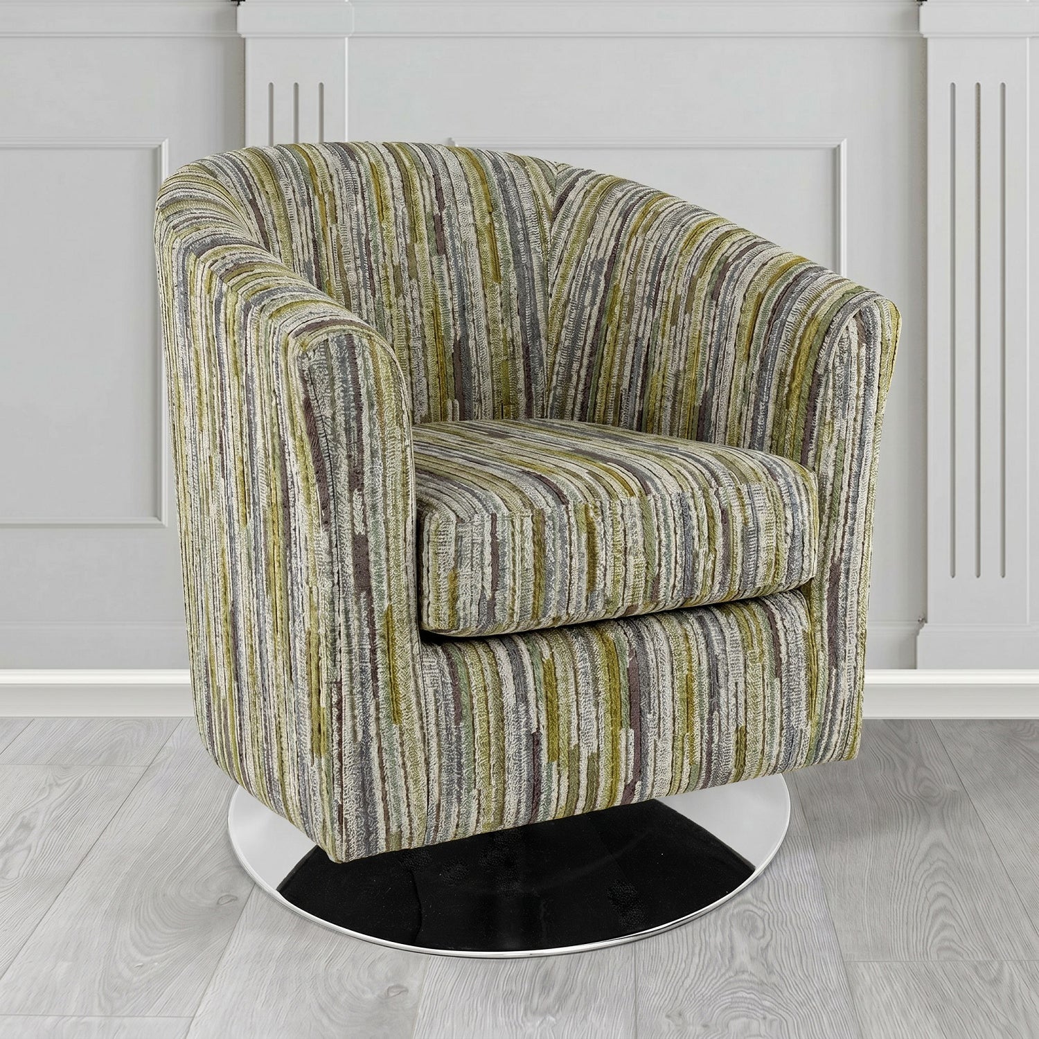 Devon Swivel Tub Chair in Cristina Marrone Extravaganza Stripe Fabric