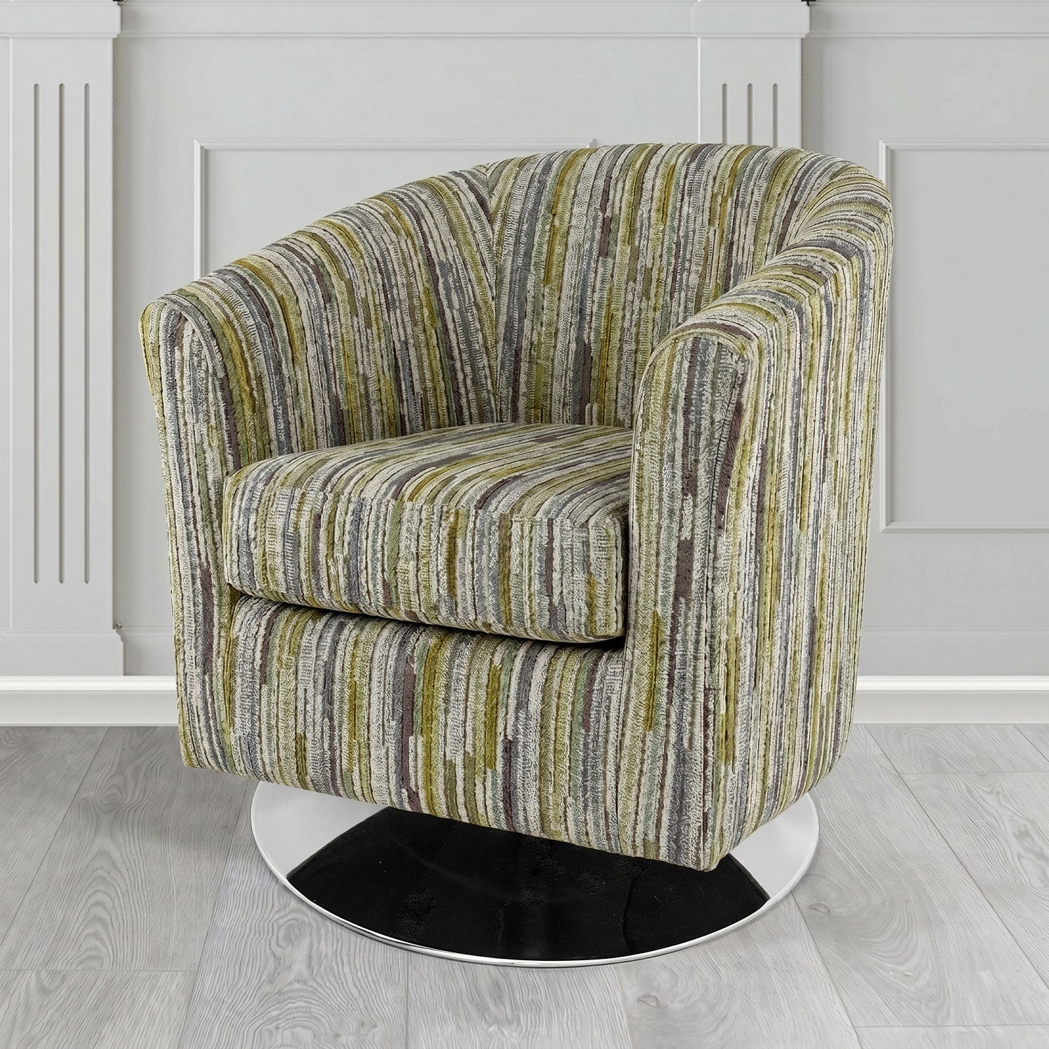 Devon Swivel Tub Chair in Cristina Marrone Extravaganza Stripe Fabric