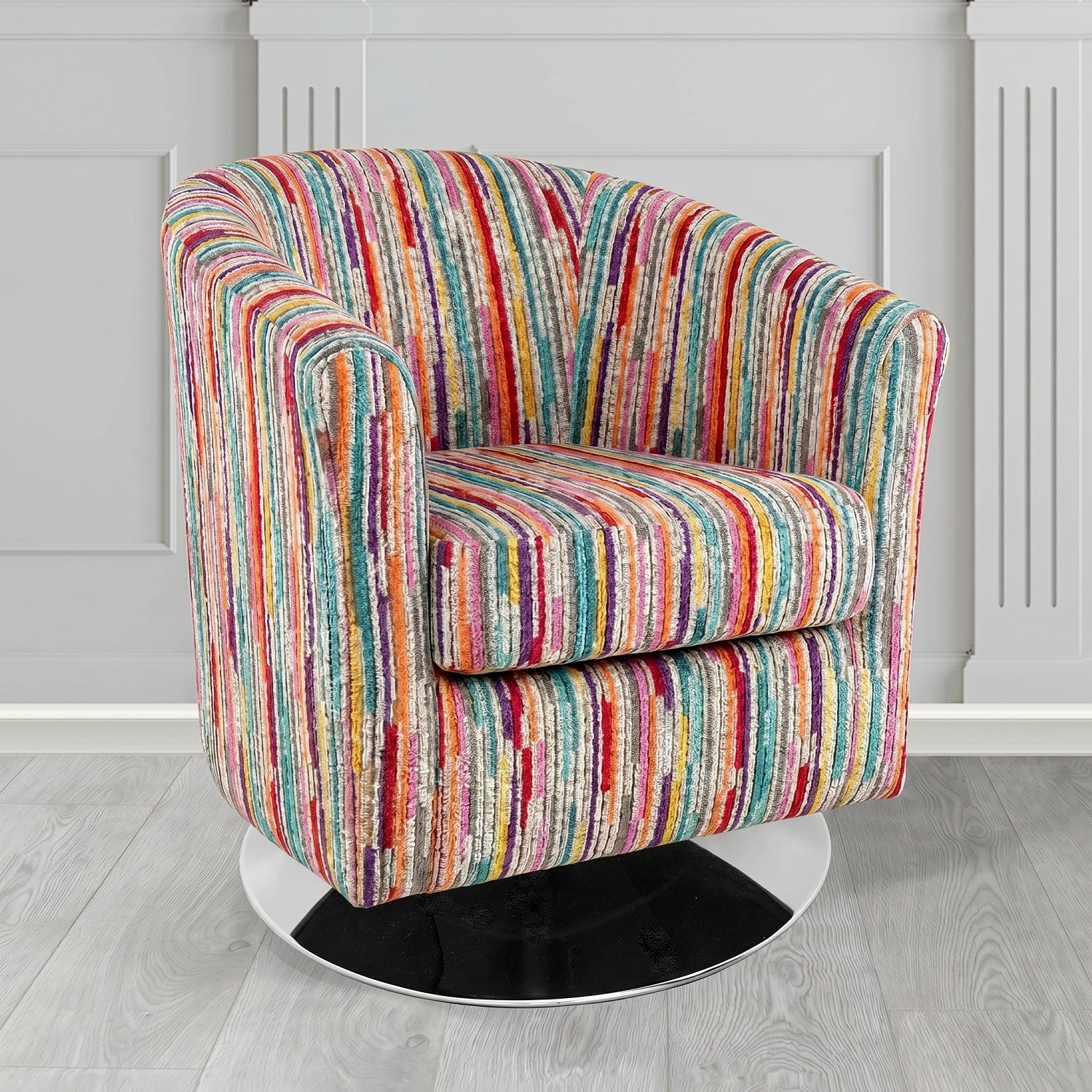 Devon Swivel Tub Chair in Cristina Marrone Extravaganza Stripe Fabric