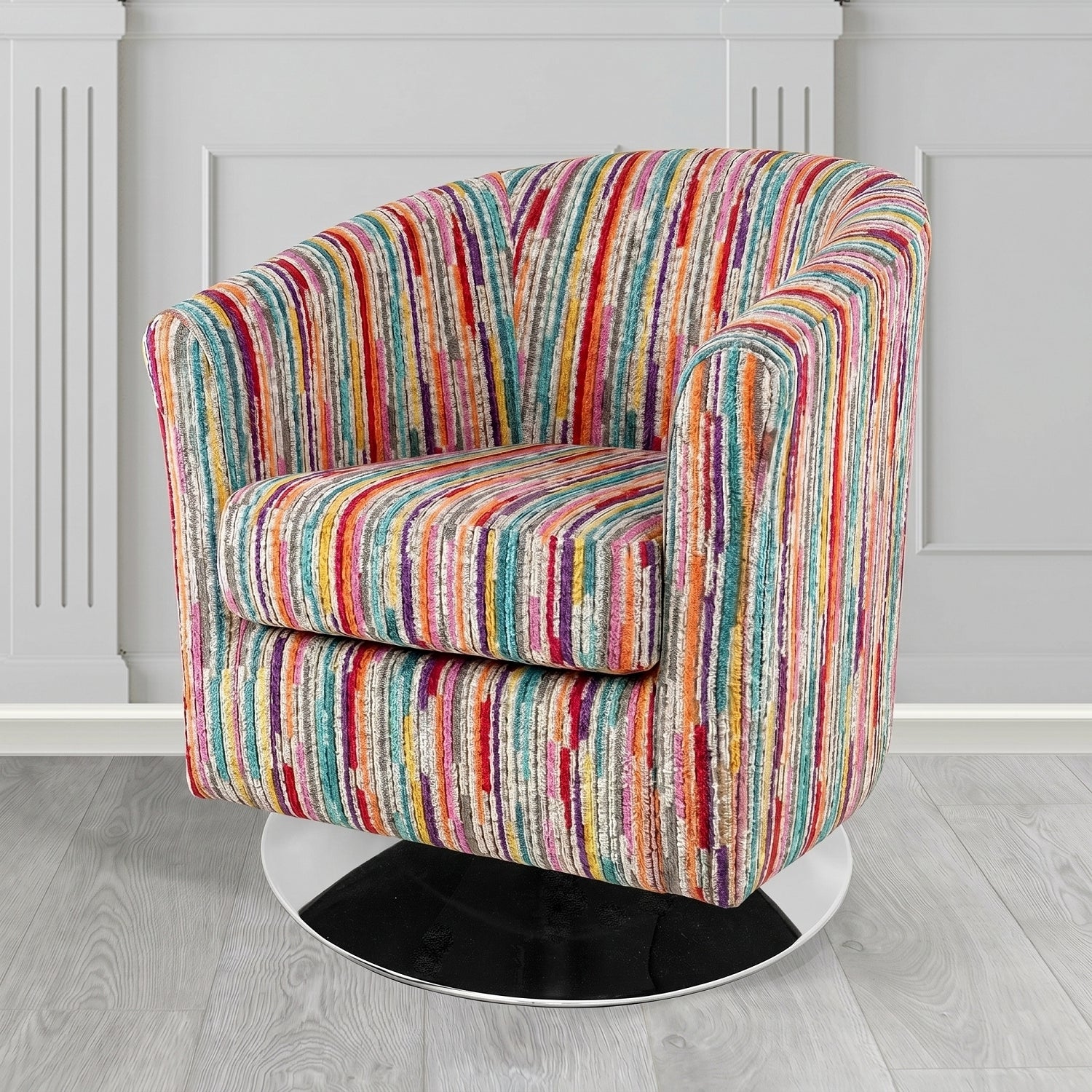 Devon Swivel Tub Chair in Cristina Marrone Extravaganza Stripe Fabric