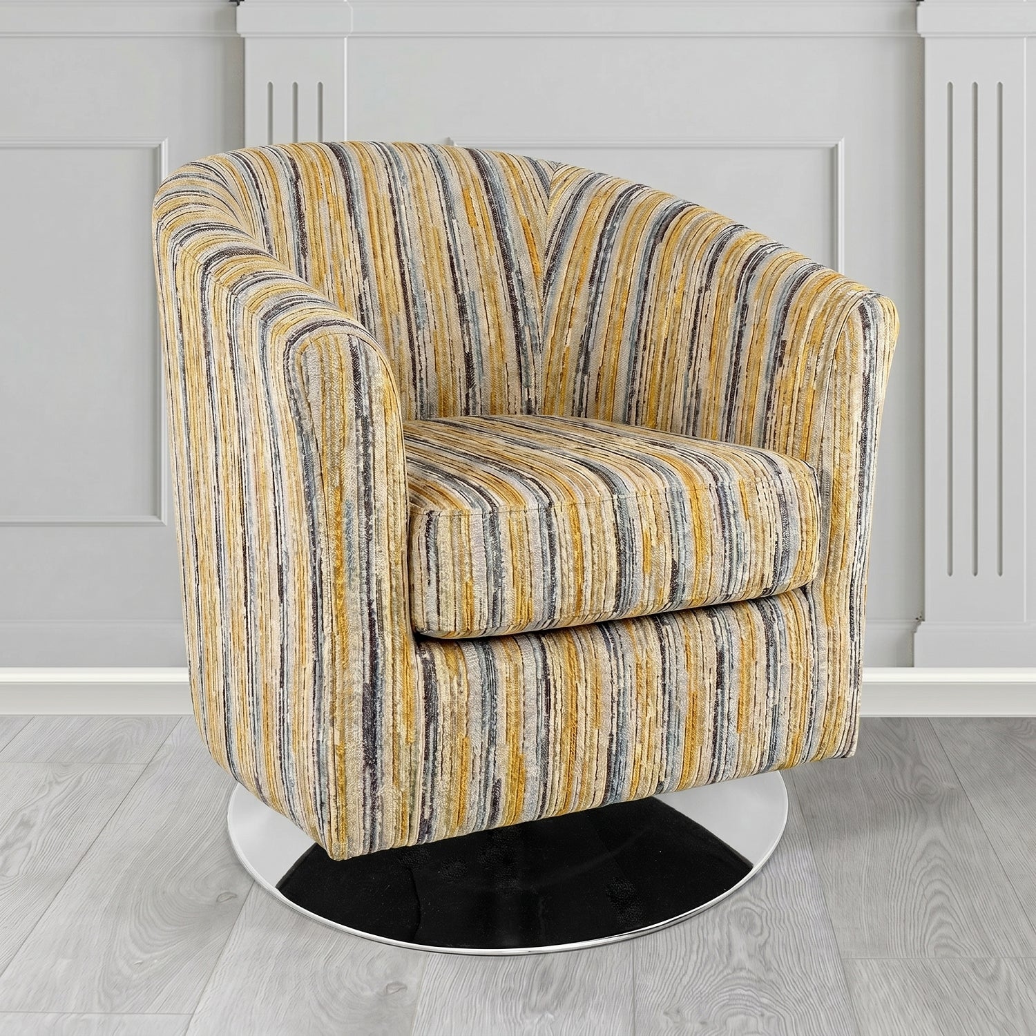 Devon Swivel Tub Chair in Cristina Marrone Extravaganza Stripe Fabric