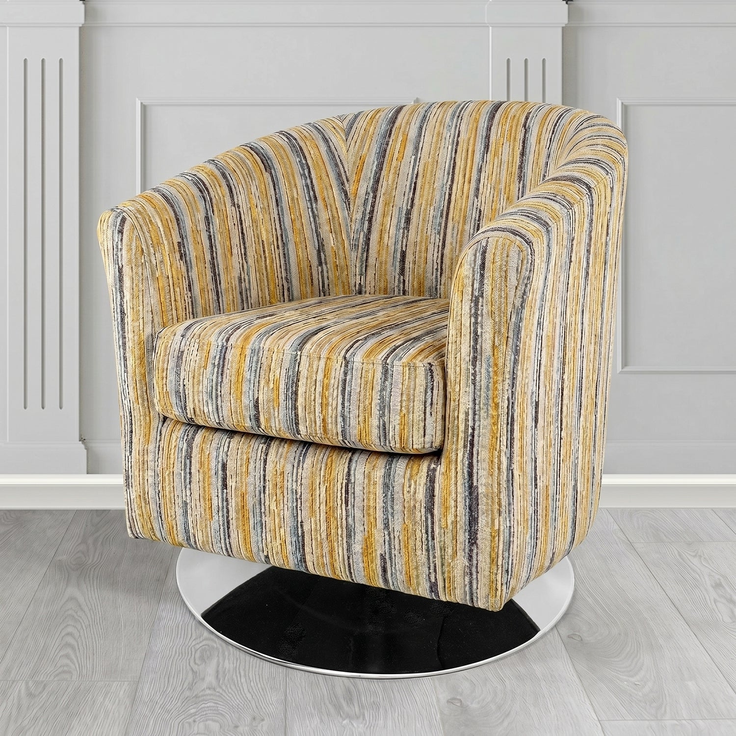 Devon Swivel Tub Chair in Cristina Marrone Extravaganza Stripe Fabric