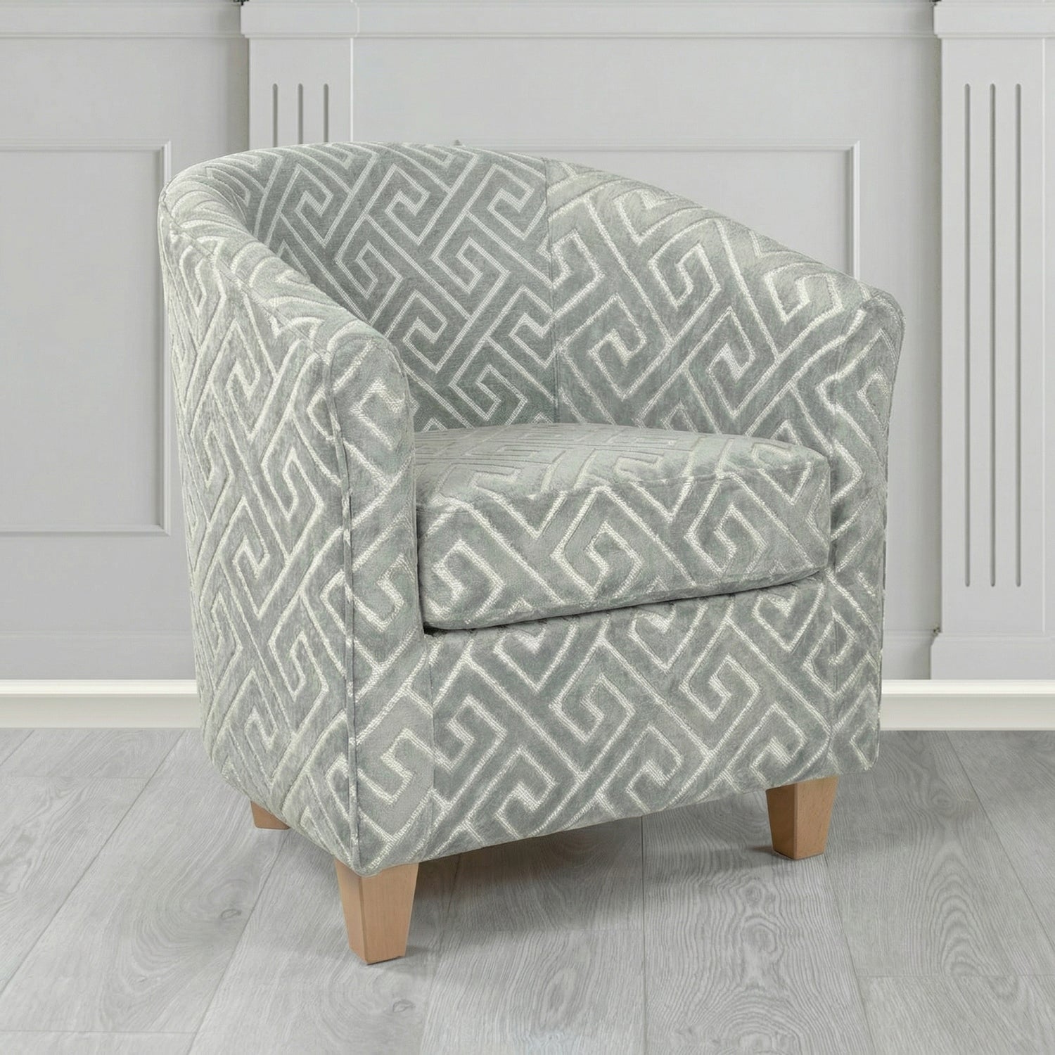 Devon Tub Chair in Cristina Marrone Extravaganza Greek Key Geometric Fabric