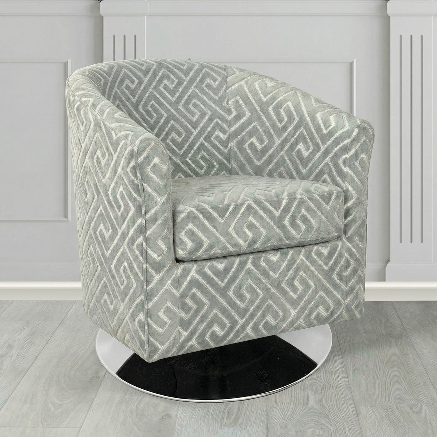 Devon Swivel Tub Chair in Cristina Marrone Extravaganza Greek Key Geometric Fabric