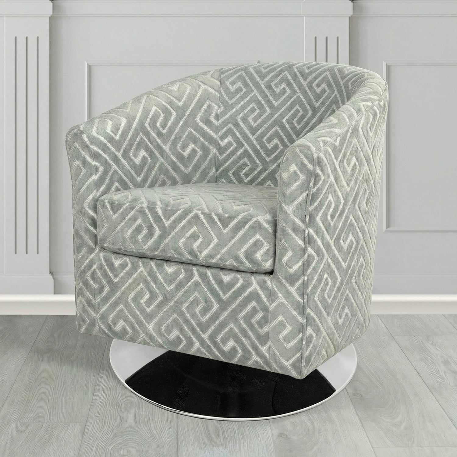 Devon Swivel Tub Chair in Cristina Marrone Extravaganza Greek Key Geometric Fabric
