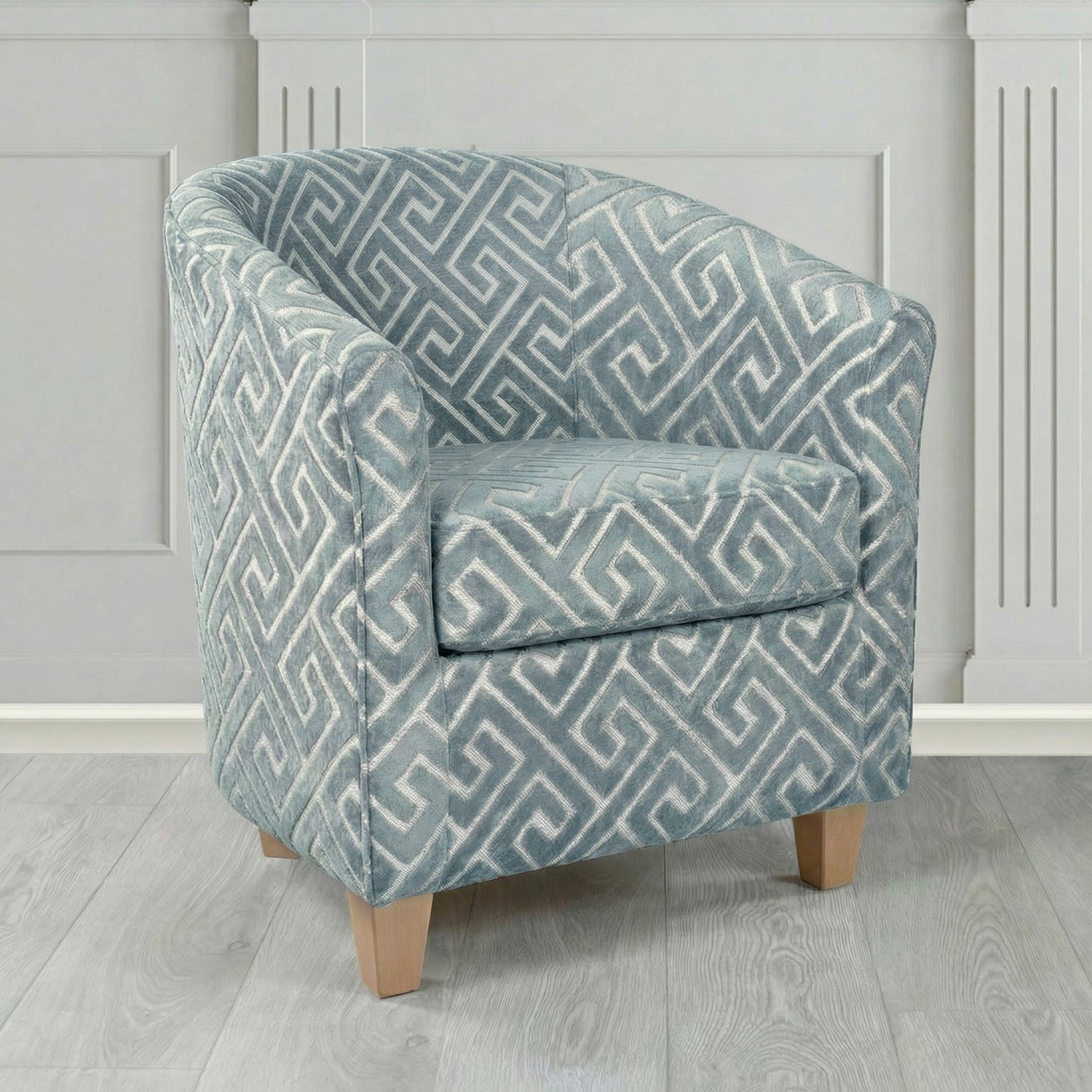 Devon Tub Chair in Cristina Marrone Extravaganza Greek Key Geometric Fabric
