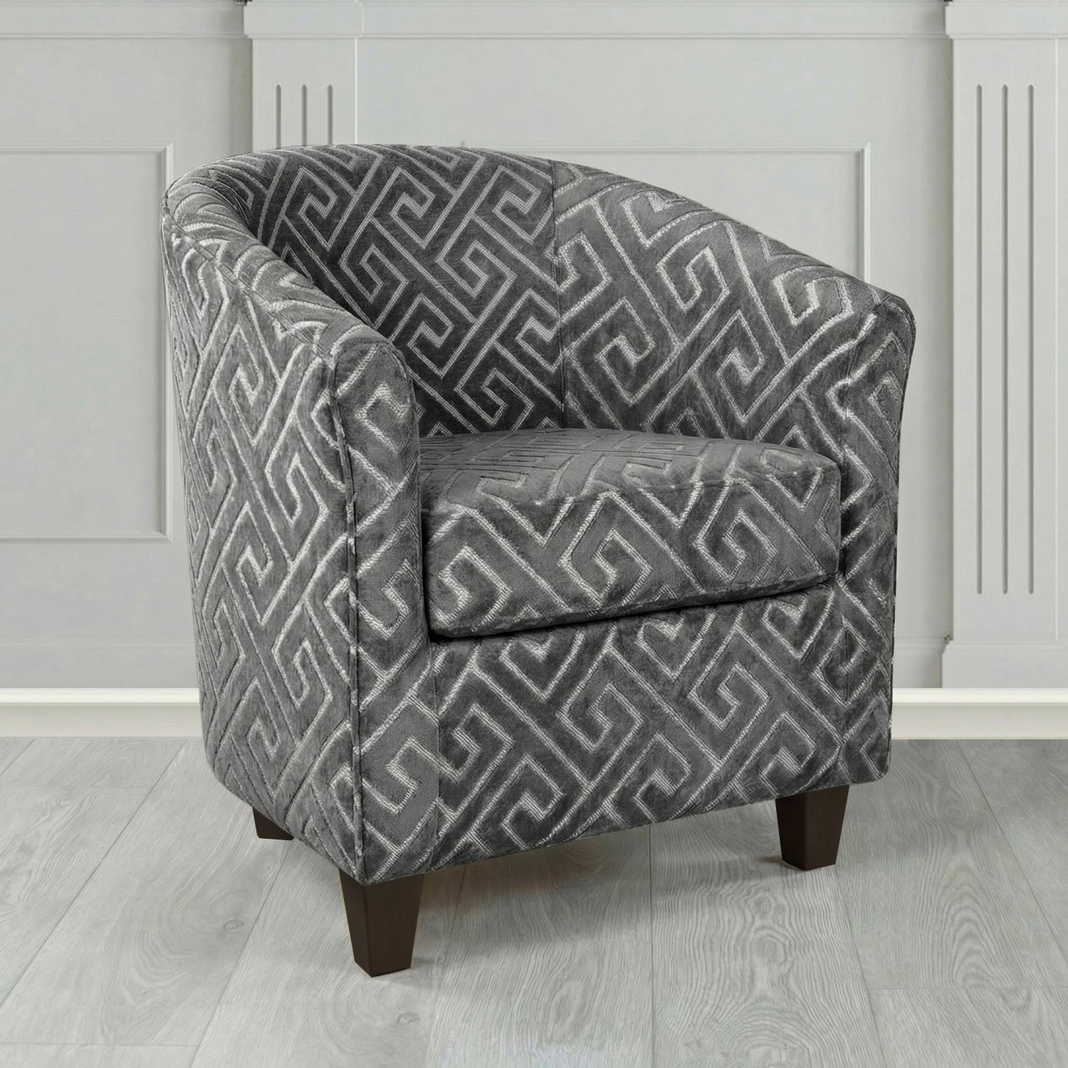 Devon Tub Chair in Cristina Marrone Extravaganza Greek Key Geometric Fabric