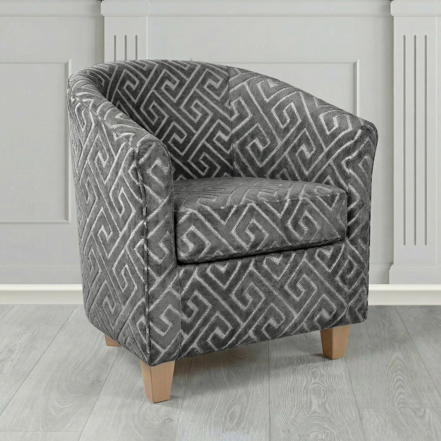 Devon Tub Chair in Cristina Marrone Extravaganza Greek Key Geometric Fabric