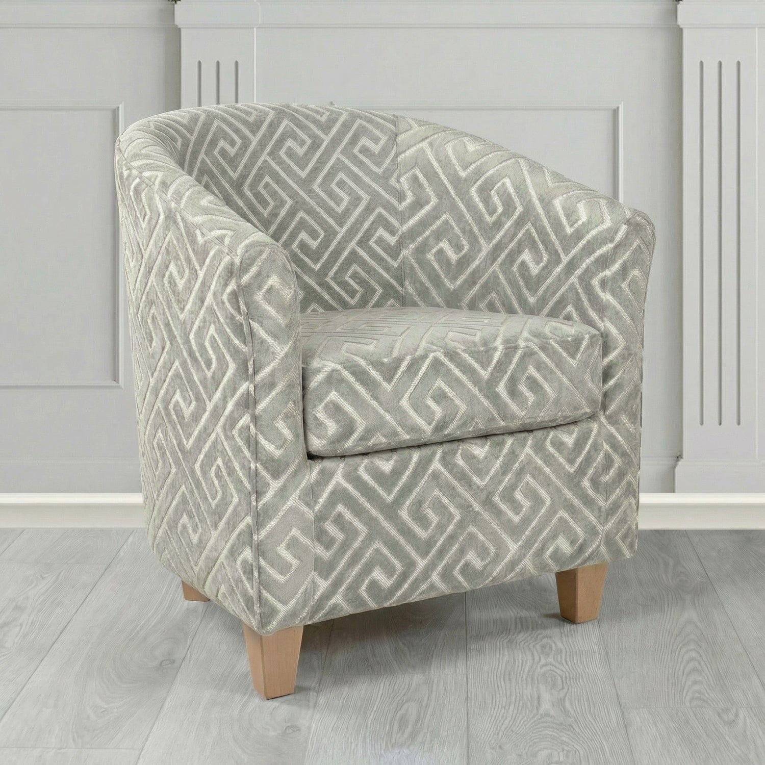Devon Tub Chair in Cristina Marrone Extravaganza Greek Key Geometric Fabric