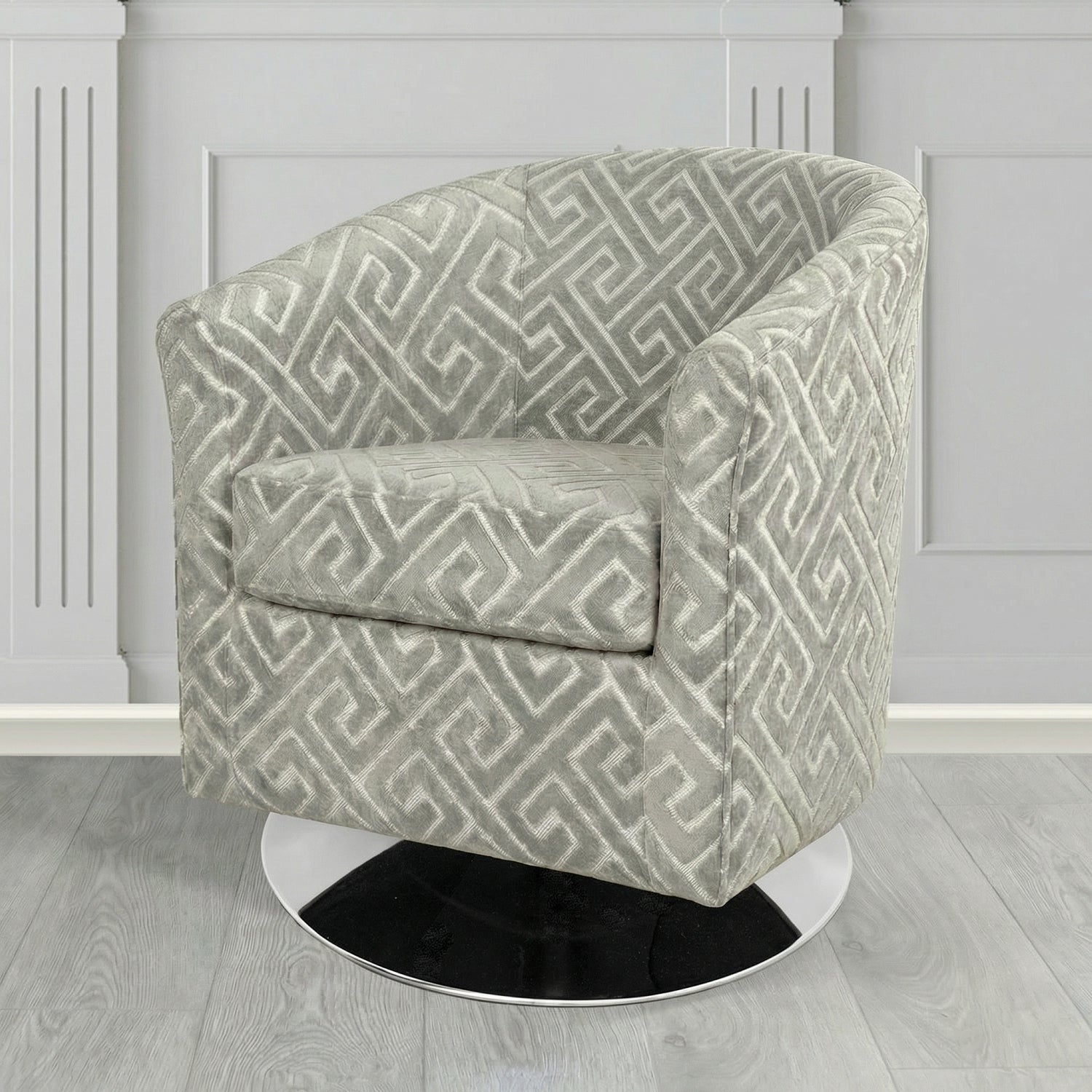 Devon Swivel Tub Chair in Cristina Marrone Extravaganza Greek Key Geometric Fabric