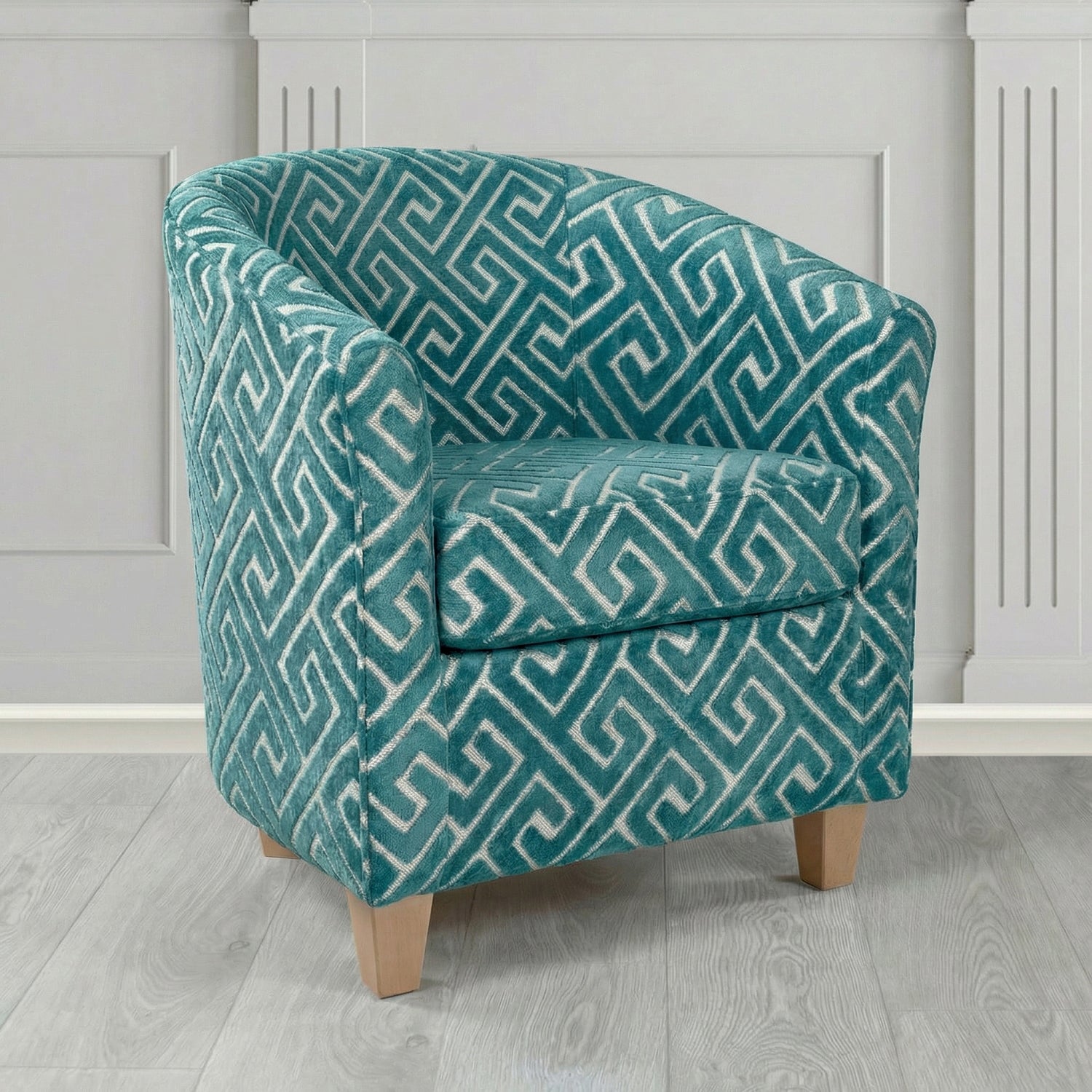 Devon Tub Chair in Cristina Marrone Extravaganza Greek Key Geometric Fabric