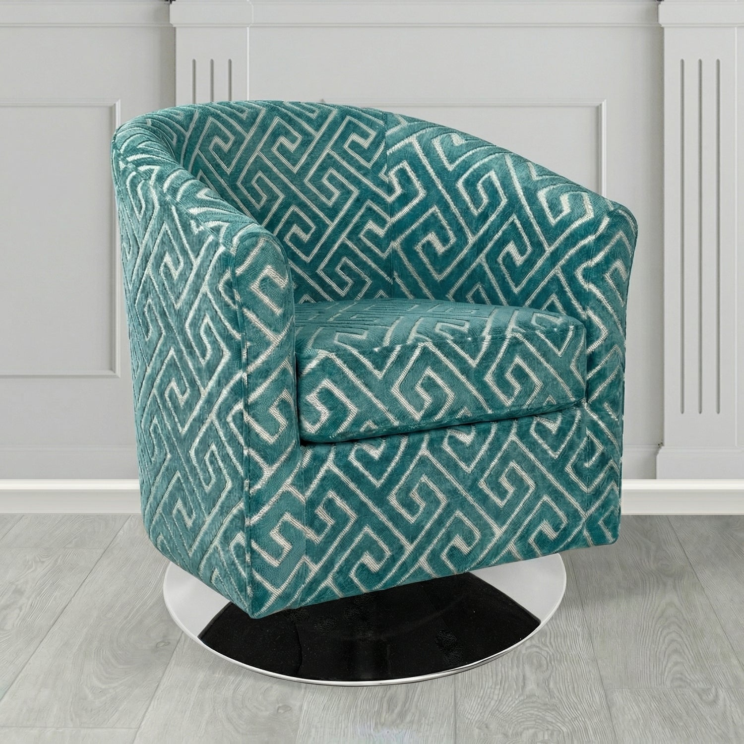 Devon Swivel Tub Chair in Cristina Marrone Extravaganza Greek Key Geometric Fabric