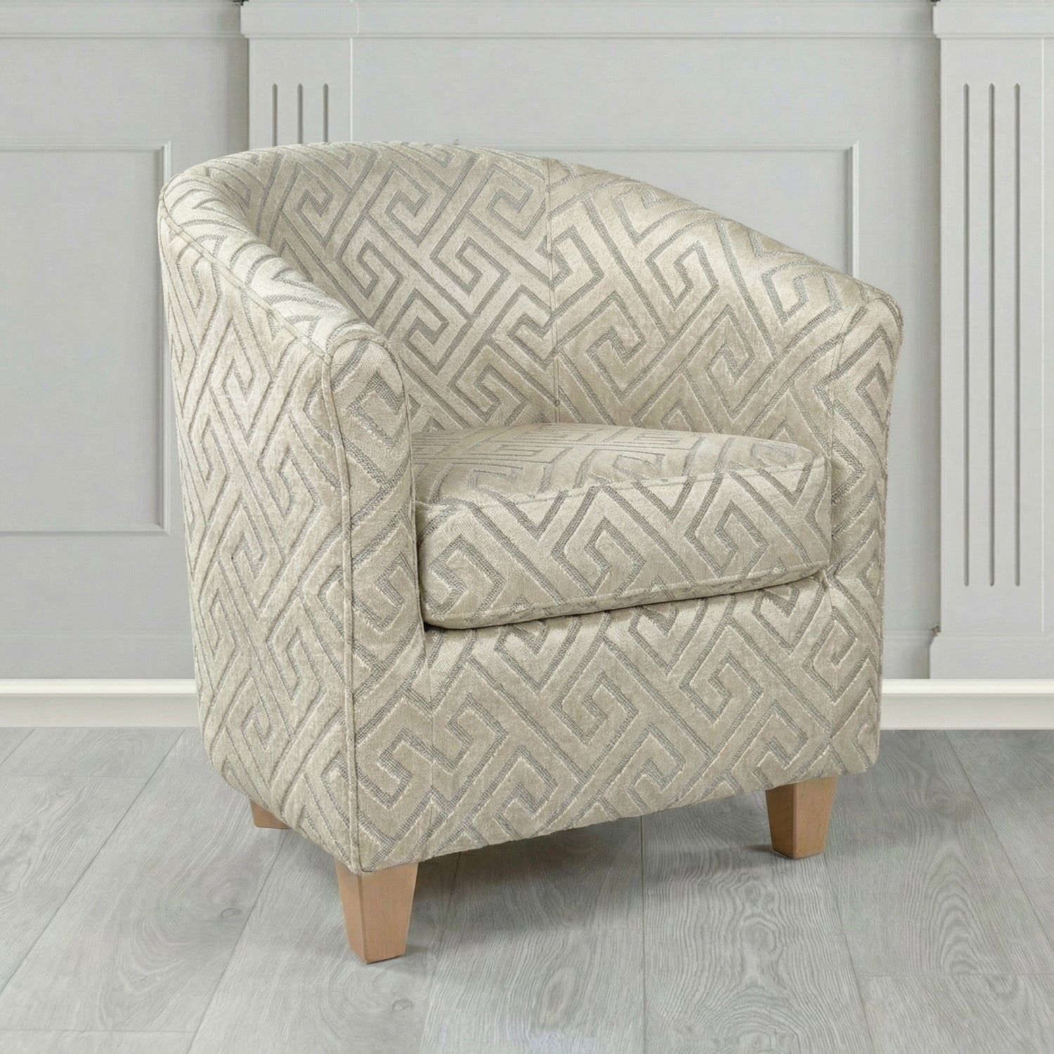 Devon Tub Chair in Cristina Marrone Extravaganza Greek Key Geometric Fabric