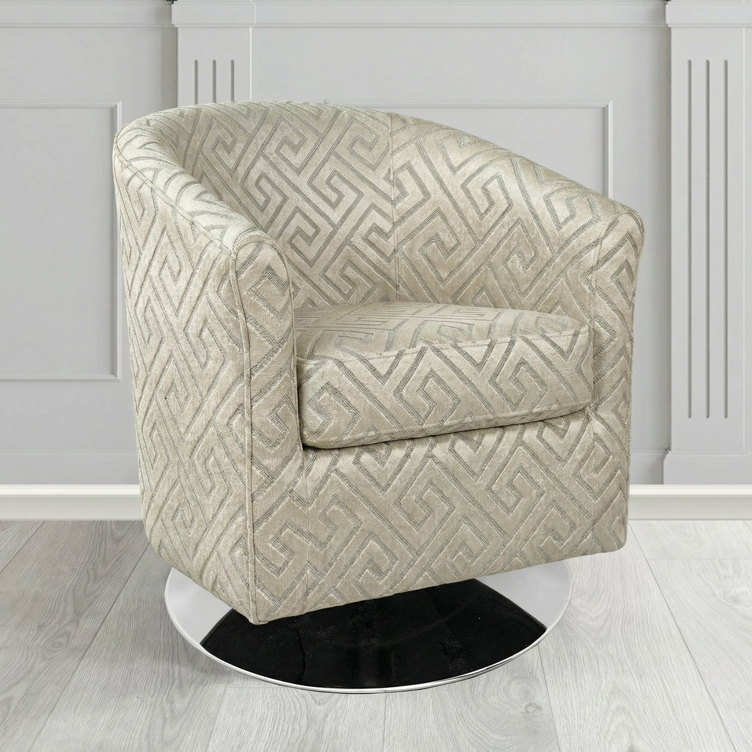 Devon Swivel Tub Chair in Cristina Marrone Extravaganza Greek Key Geometric Fabric