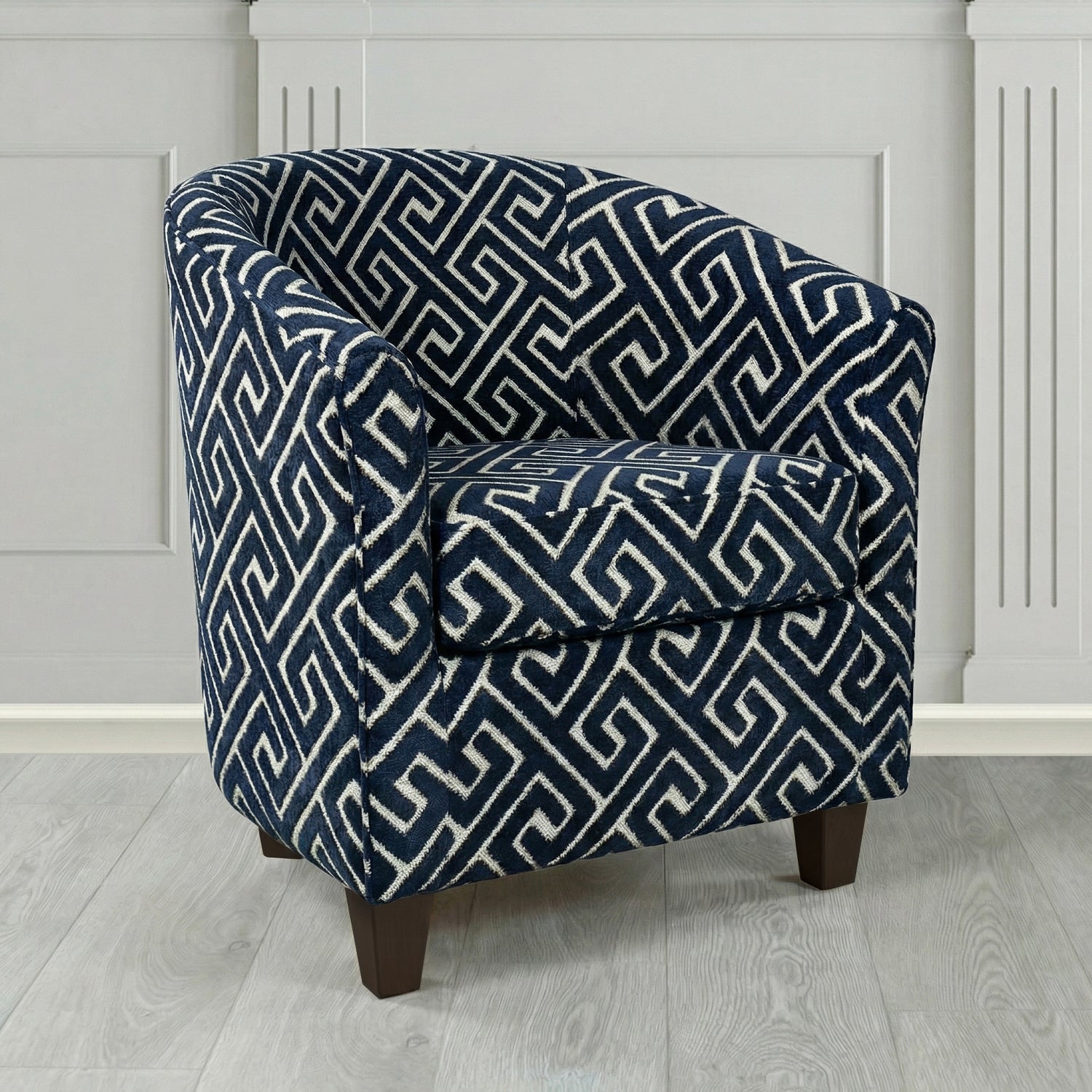 Devon Tub Chair in Cristina Marrone Extravaganza Greek Key Geometric Fabric