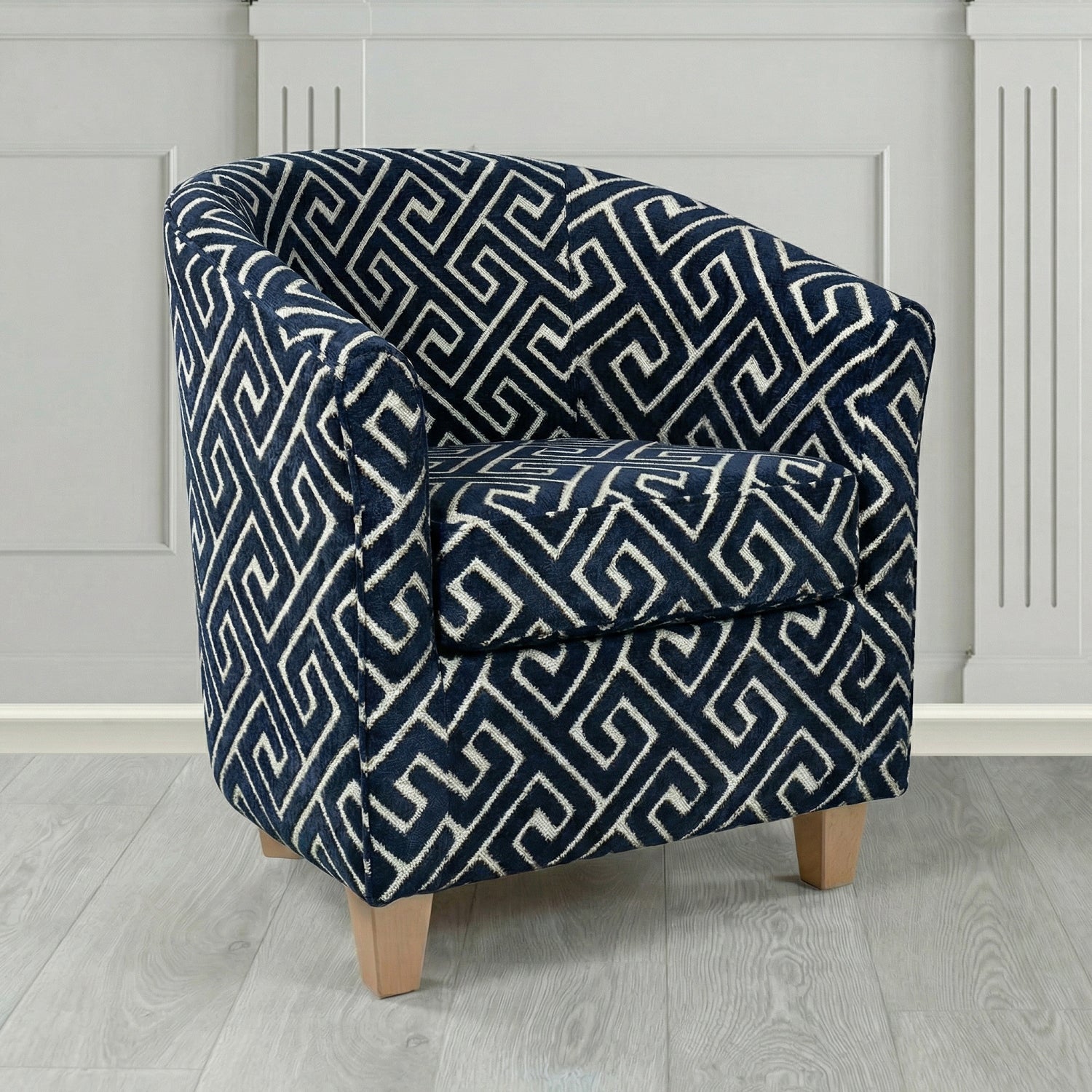 Devon Tub Chair in Cristina Marrone Extravaganza Greek Key Geometric Fabric