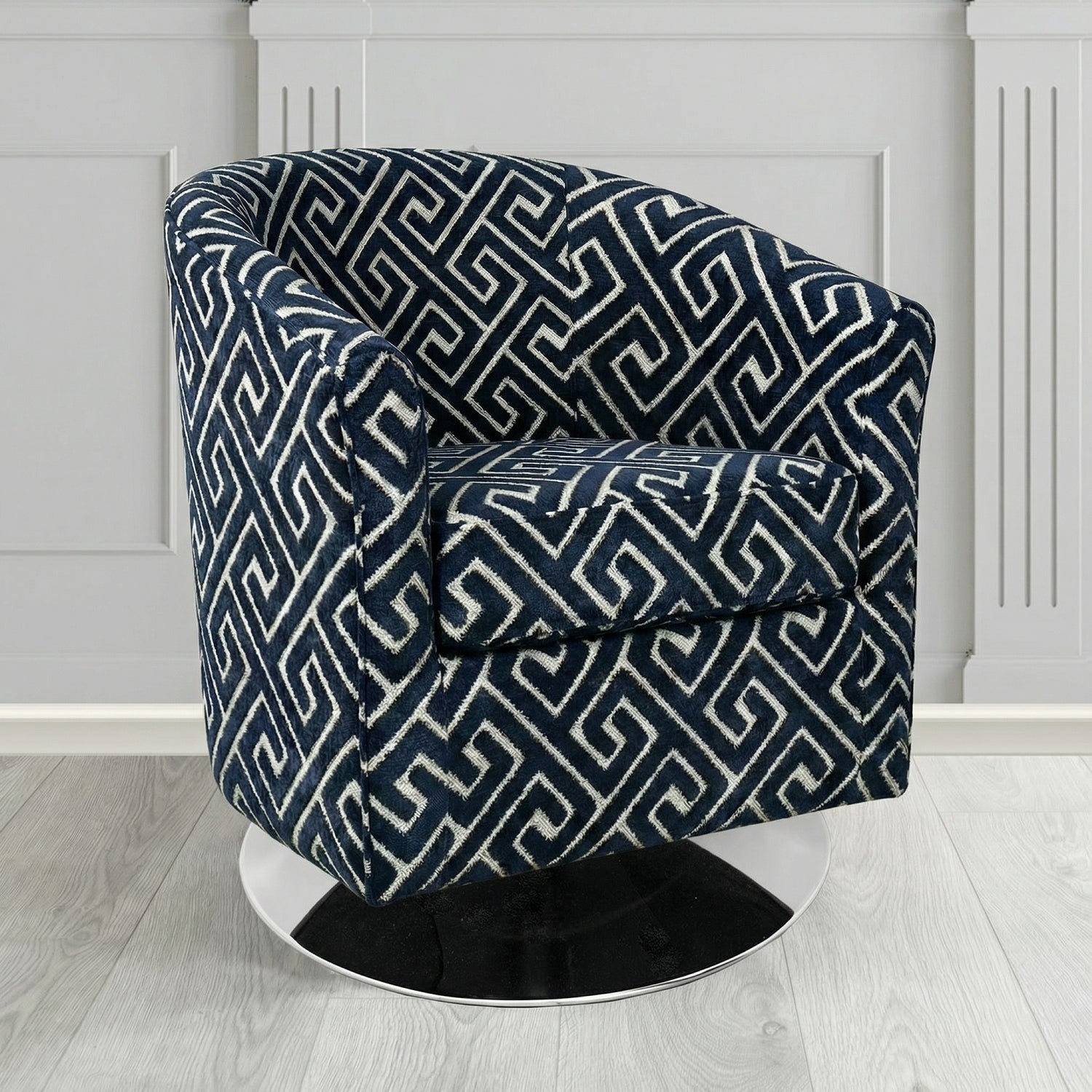 Devon Swivel Tub Chair in Cristina Marrone Extravaganza Greek Key Geometric Fabric