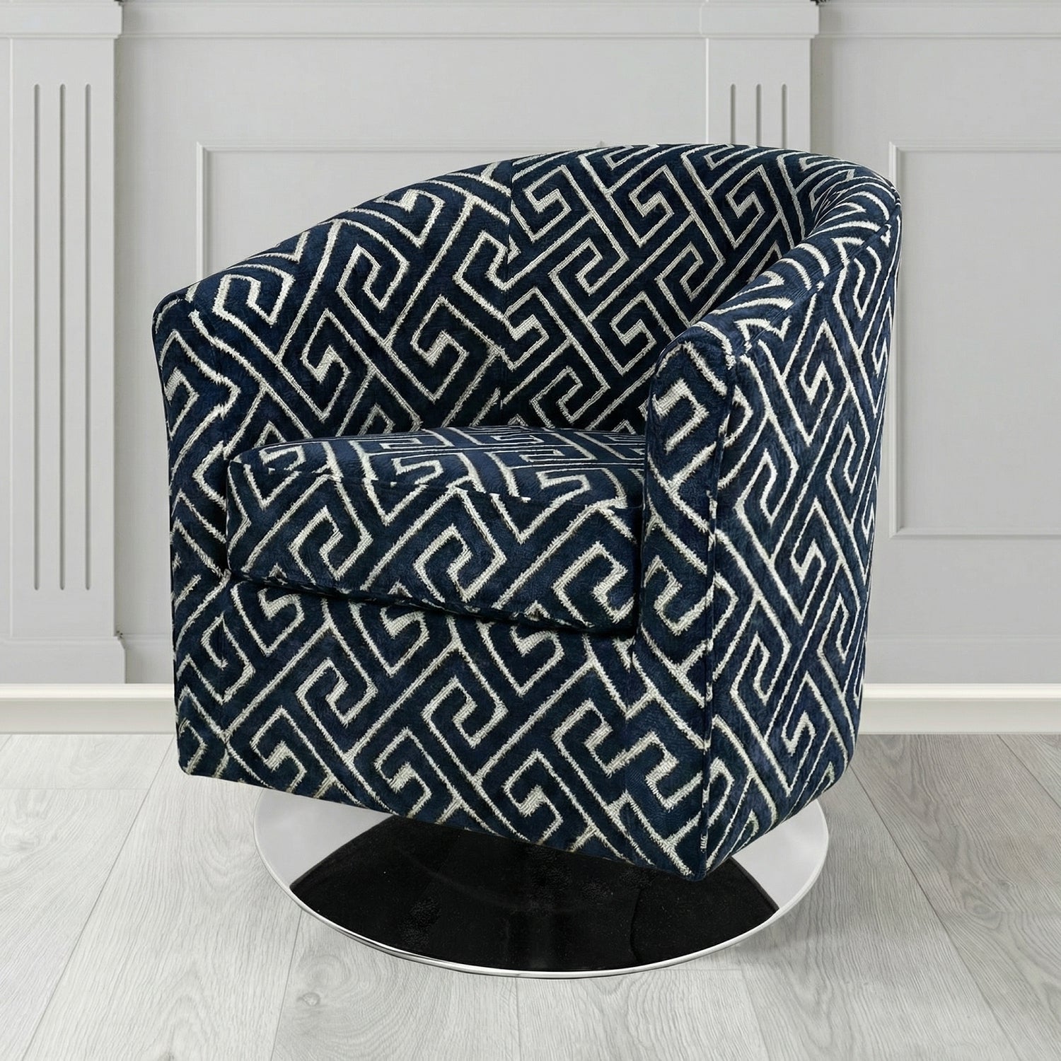 Devon Swivel Tub Chair in Cristina Marrone Extravaganza Greek Key Geometric Fabric