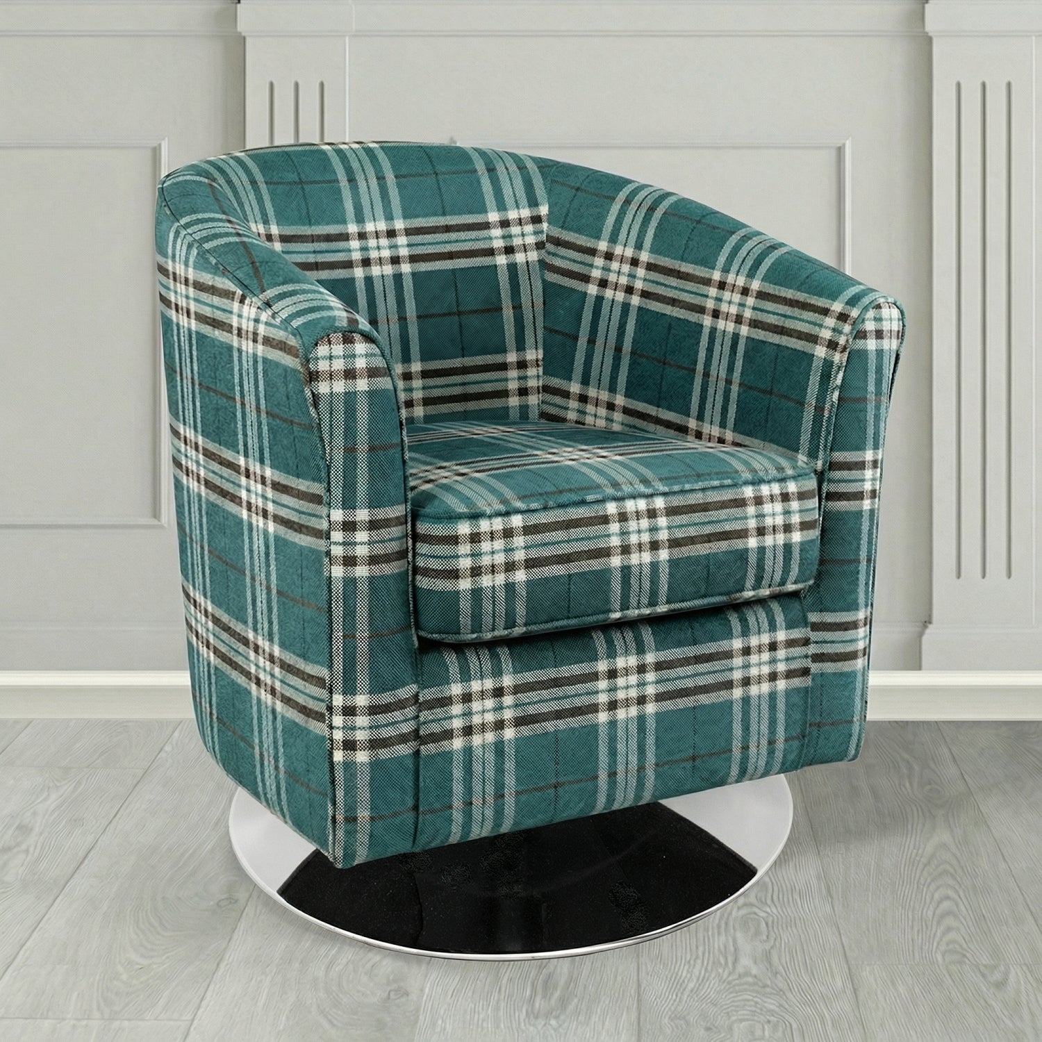 Devon Swivel Tub Chair in Panaz Fabrics Hunter Check Crib 5 Tartan Fabric