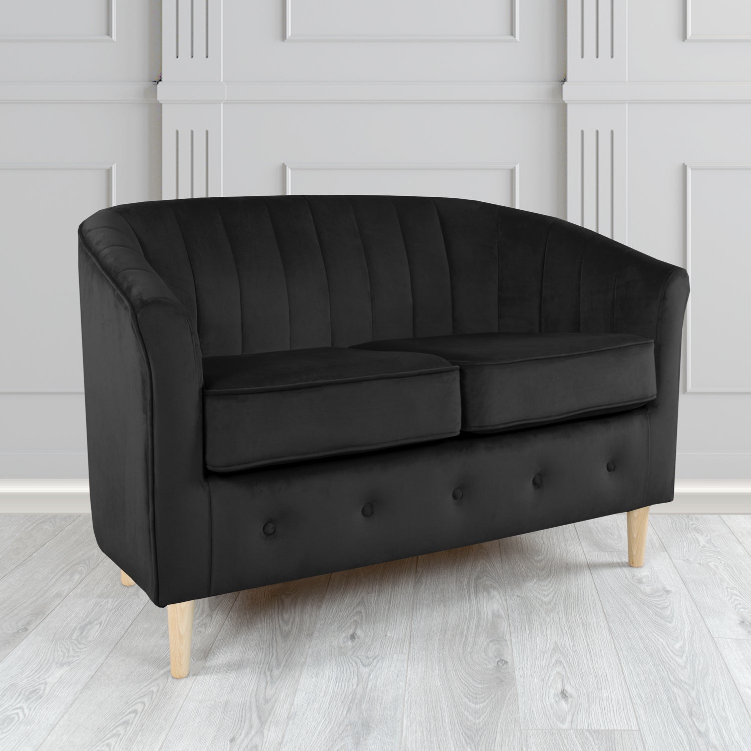 Doha 2 Seater Tub Sofa in Monaco Black Plain Velvet Fabric
